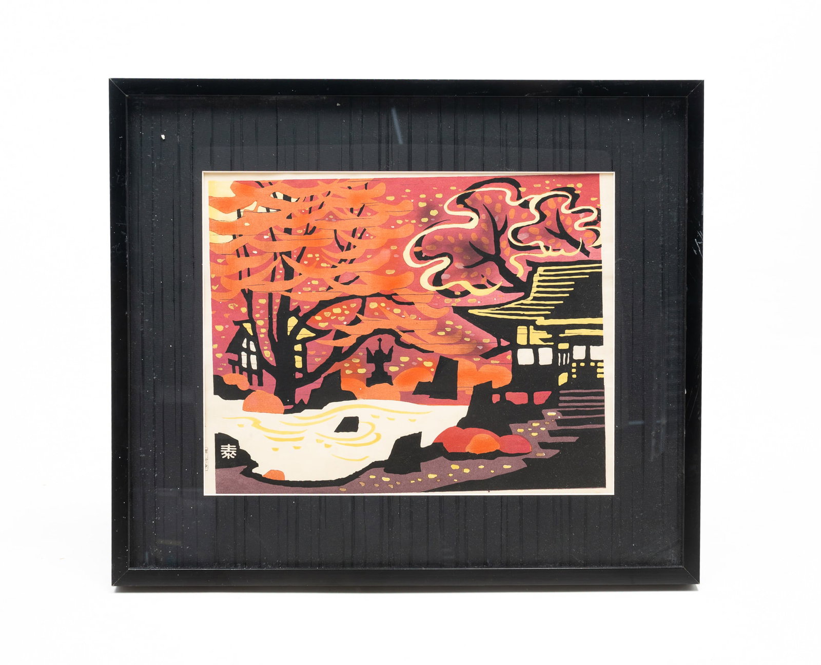 OHARA JAKKO-IN COLORED WOODBLOCK PRINT ON JAPANESE PAPER.: OHARA JAKKO-IN COLORED WOODBLOCK PRINT ON JAPANESE PAPER. Japan, 20th Century. Published by Unsodo, Kyoto. The left margin bearing the printed title Ohara Jakko-in, artist credit Minagawa Taizo saku,