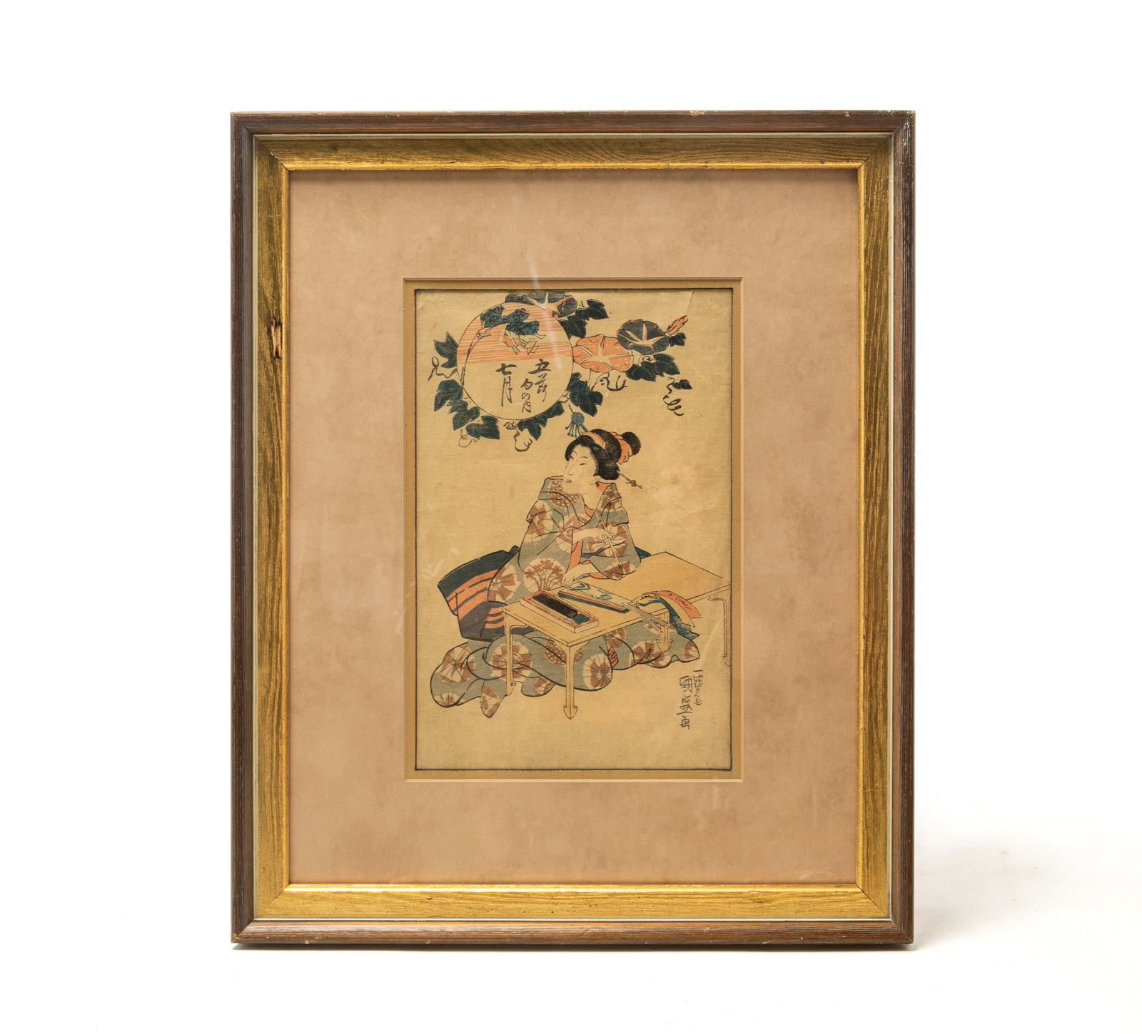 UTAGAWA KUNIMORI (JAPANESE, ACTIVE 1820s/1830s) "WOMAN WRITING POEM" WOODBLOCK PRINT IN COLORS.: UTAGAWA KUNIMORI (JAPANESE, ACTIVE 1820s/1830s) "WOMAN WRITING POEM" WOODBLOCK PRINT IN COLORS. Japanese, 19th Century. Depicting a woman in colorful robes seated at a table writing, signed at lower