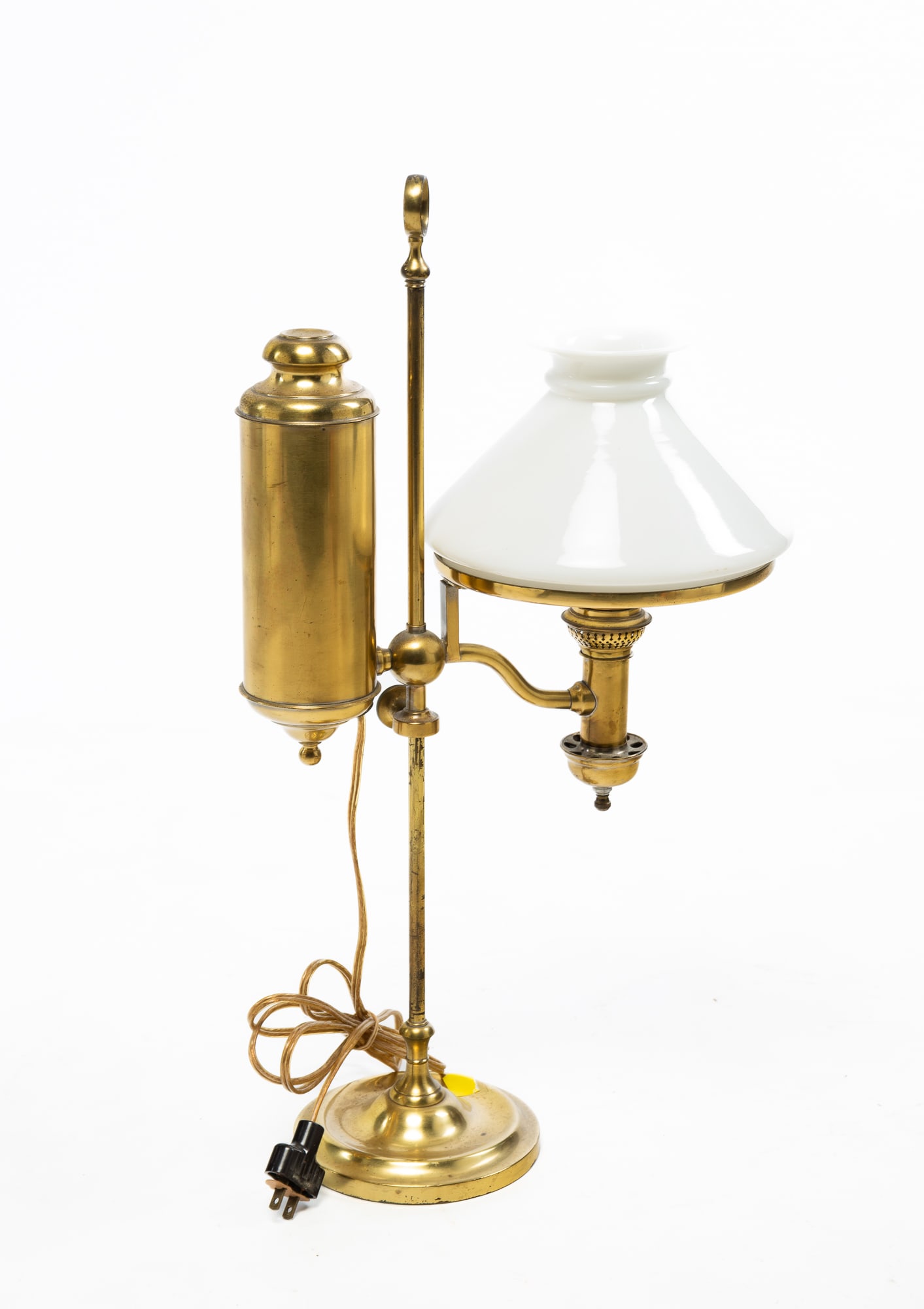 BRASS SINGLE STUDENT LAMP WITH WHITE GLASS SHADE. (1 of 4)