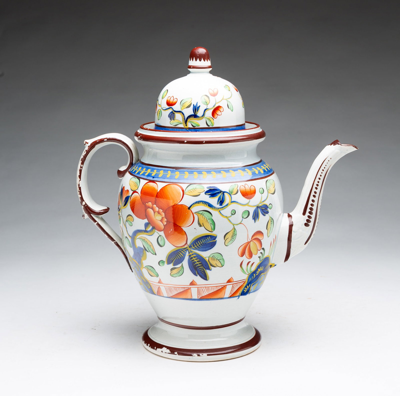 PEARLWARE GAUDY DUTCH COFFEE POT.: PEARLWARE GAUDY DUTCH COFFEE POT. English, 19th Century. Baluster-form pot with domed cover, hand-painted "Single Rose" pattern in vibrant colors, and applied handle. 11.5"h. Provenance: From the