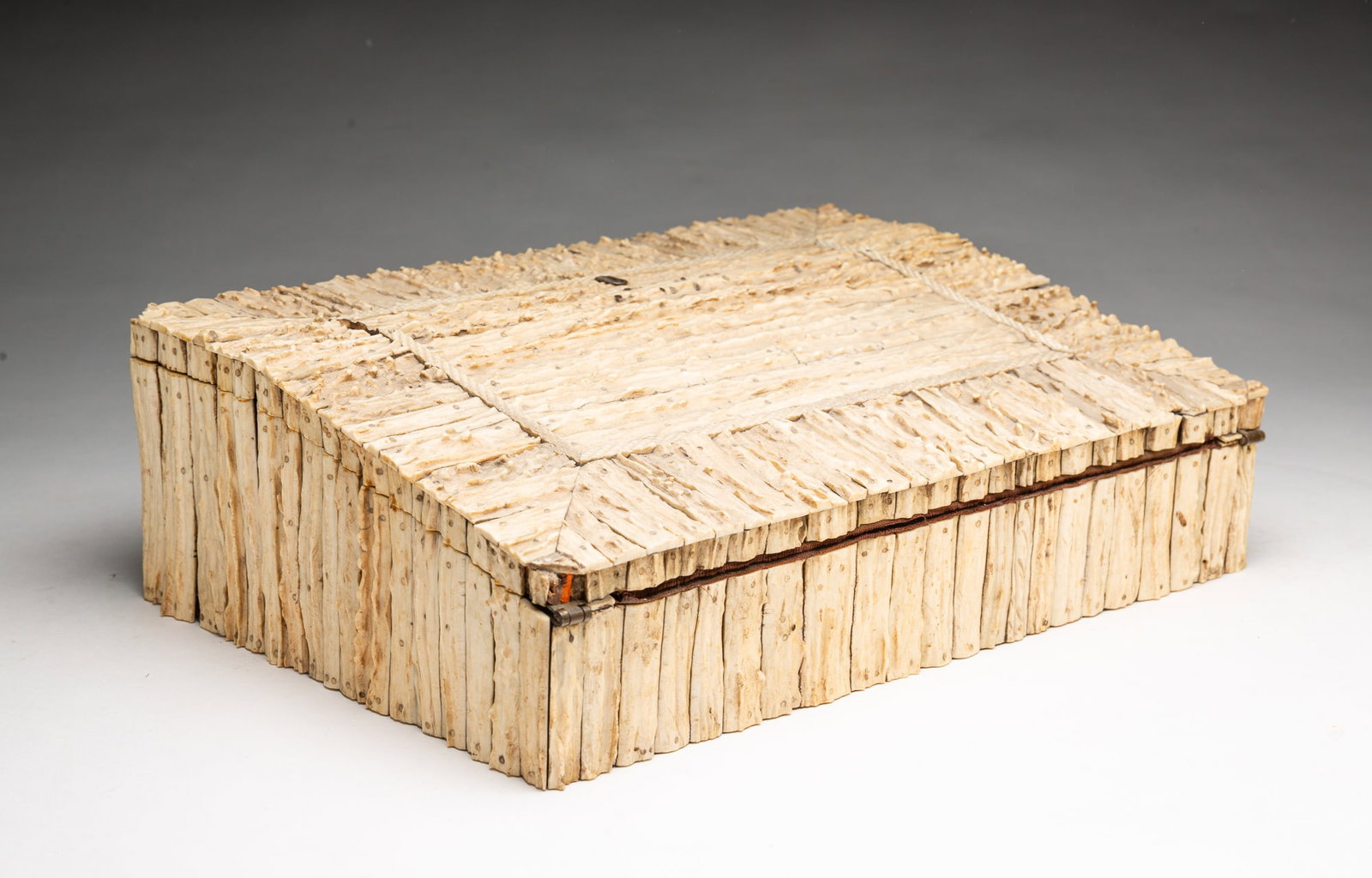 ANGLO-INDIAN STAG HORN WRITING BOX.: ANGLO-INDIAN STAG HORN WRITING BOX. India (Vizagapatam), 19th Century. The exterior decorated with rows on stag horn, the wooden interior fitted with two glass inkwells, compartments for supplies,