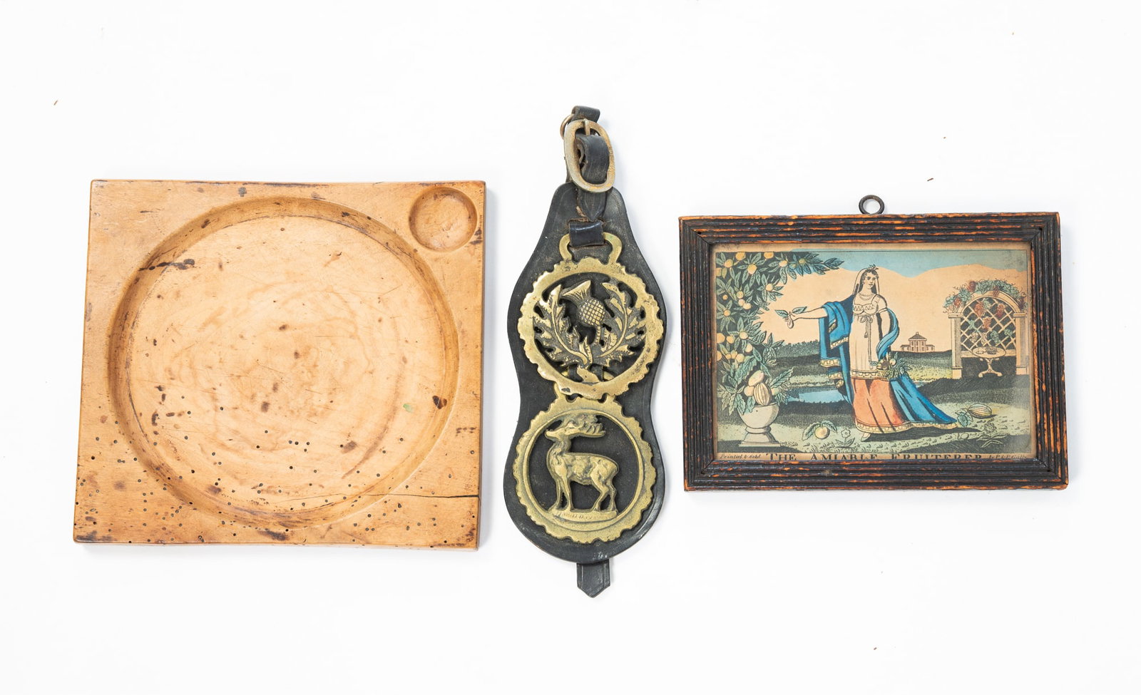 THREE EARLY ENGLISH ITEMS.: THREE EARLY ENGLISH ITEMS. 18th or 19th Century. Turned beech or sycamore square trencher with small depression for salt. 7.5"h. 8.25"w. 19th Century (ca. 1815) hand-colored engraving titled "The
