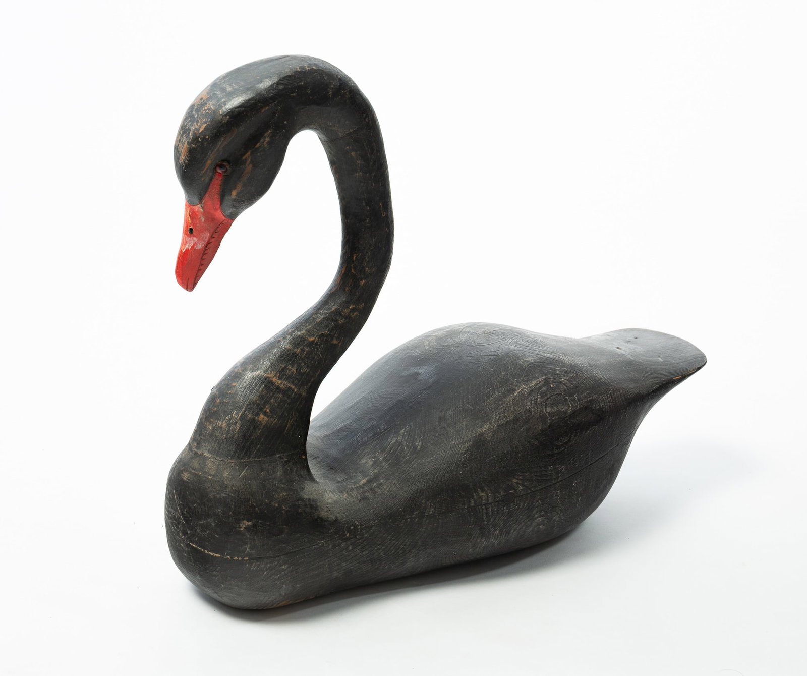 CARVED AND PAINTED WOOD BLACK SWAN DECOY. (1 of 4)