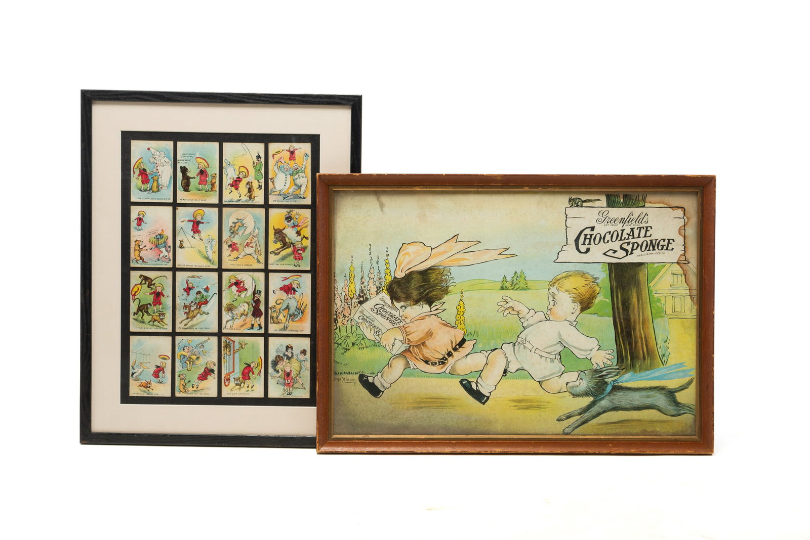 AN ADVERTISING ILLUSTRATION FOR GREENFIELD'S CHOCOLATE SPONGE AND FRAMED BUSTER BROWN PLAYING CARDS. (1 of 8)