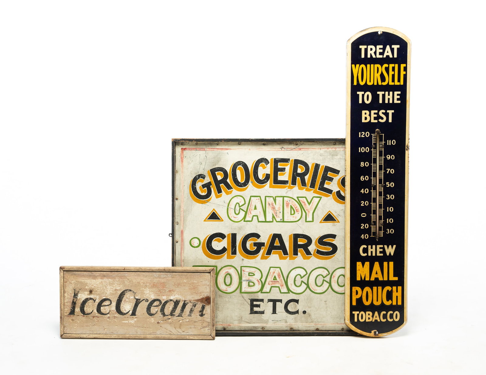 THREE HANGING TRADE SIGNS.: THREE HANGING TRADE SIGNS. American, Late 19th - early 20th Century. A metal Mail Pouch tobacco thermometer sign, 38.75"h., a diminutive wood painted "Ice Cream" sign, 9"h. 19.5"w., and a wood-framed 