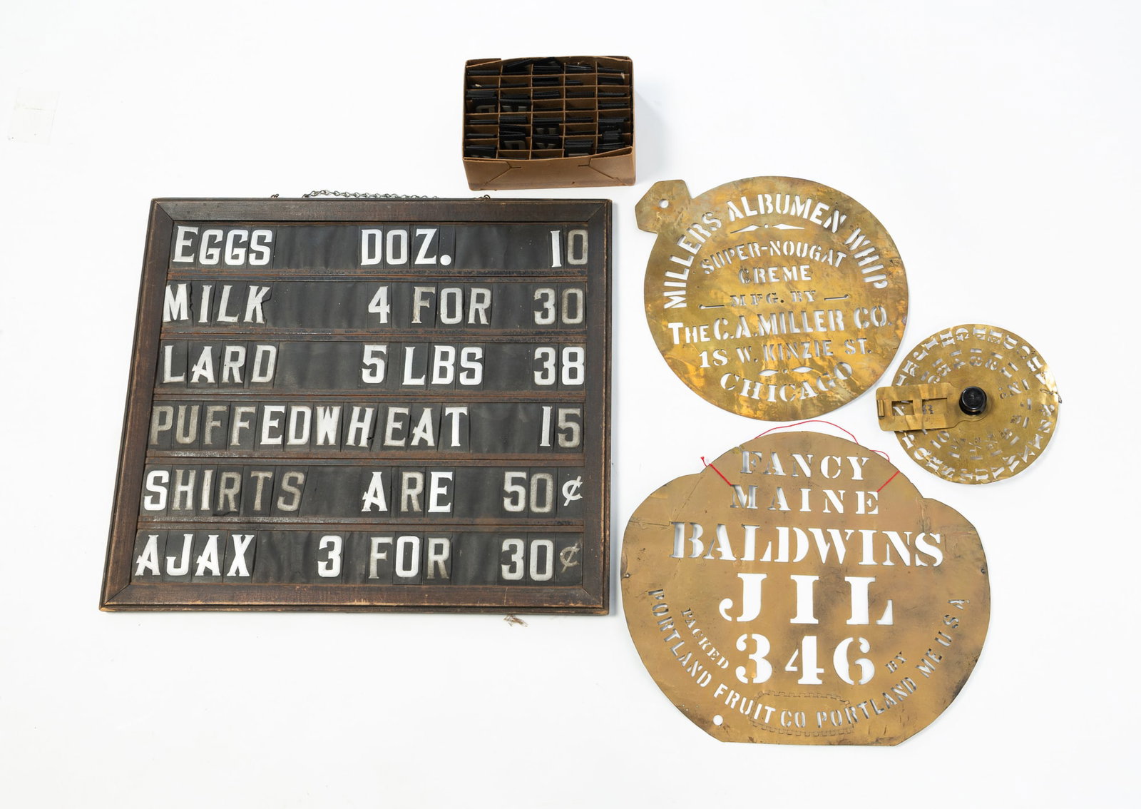 GENERAL STORE PRICING BOARD PLUS THREE BRASS STENCILS. (1 of 7)