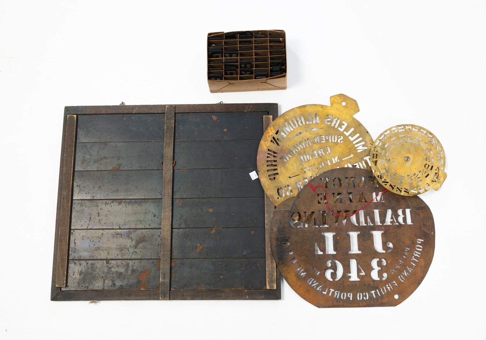 GENERAL STORE PRICING BOARD PLUS THREE BRASS STENCILS. - 2