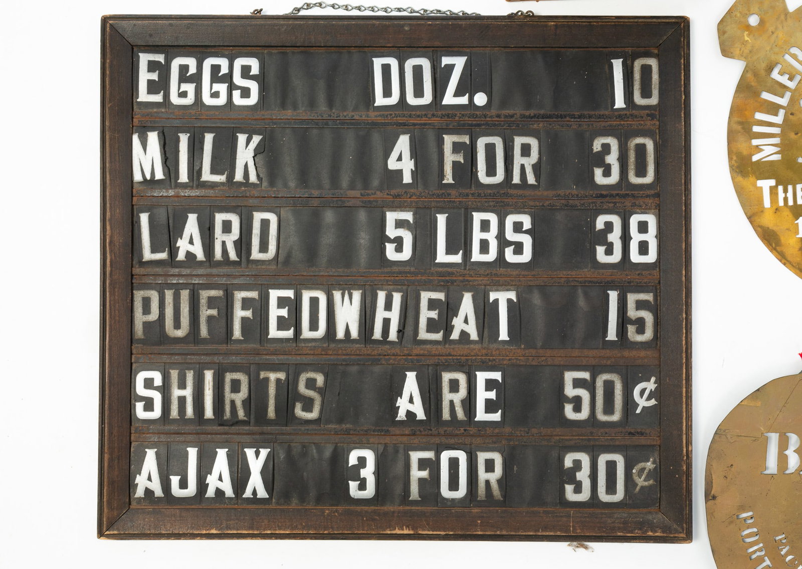 GENERAL STORE PRICING BOARD PLUS THREE BRASS STENCILS. - 7