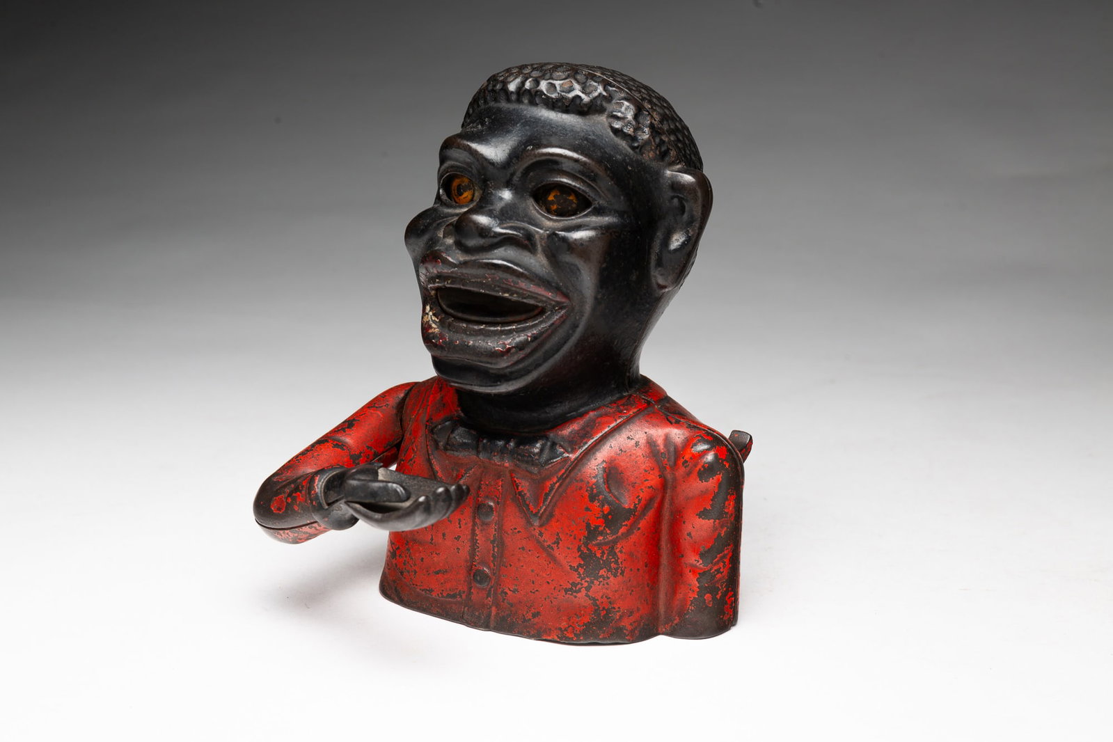 SHEPARD HARDWARE (BUFFALO, NEW YORK) CAST IRON "JOLLY BLACK MAN" MECHANICAL BANK WITH ORIGINAL (1 of 5)