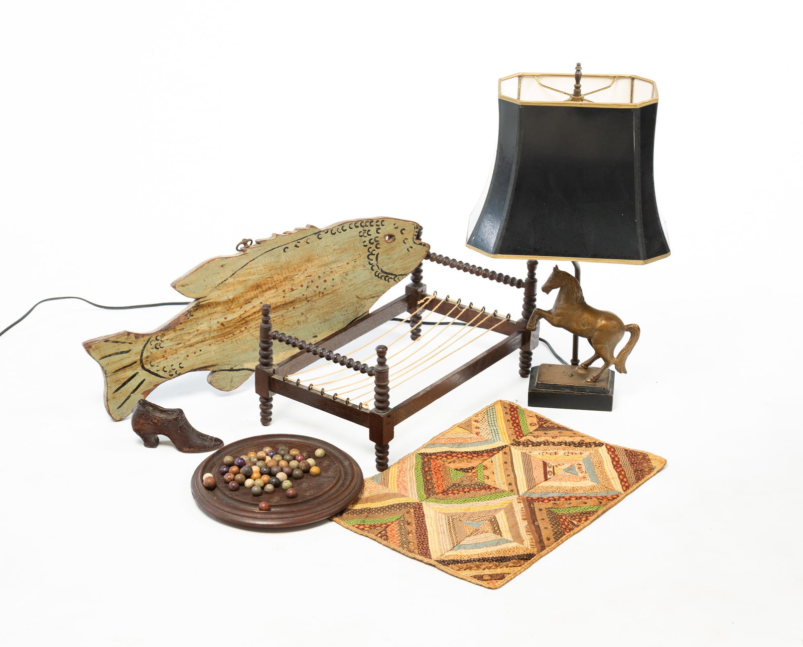 ECLECTIC LOT, INCL. CLAY MARBLES AND DOLL BED. (1 of 5)