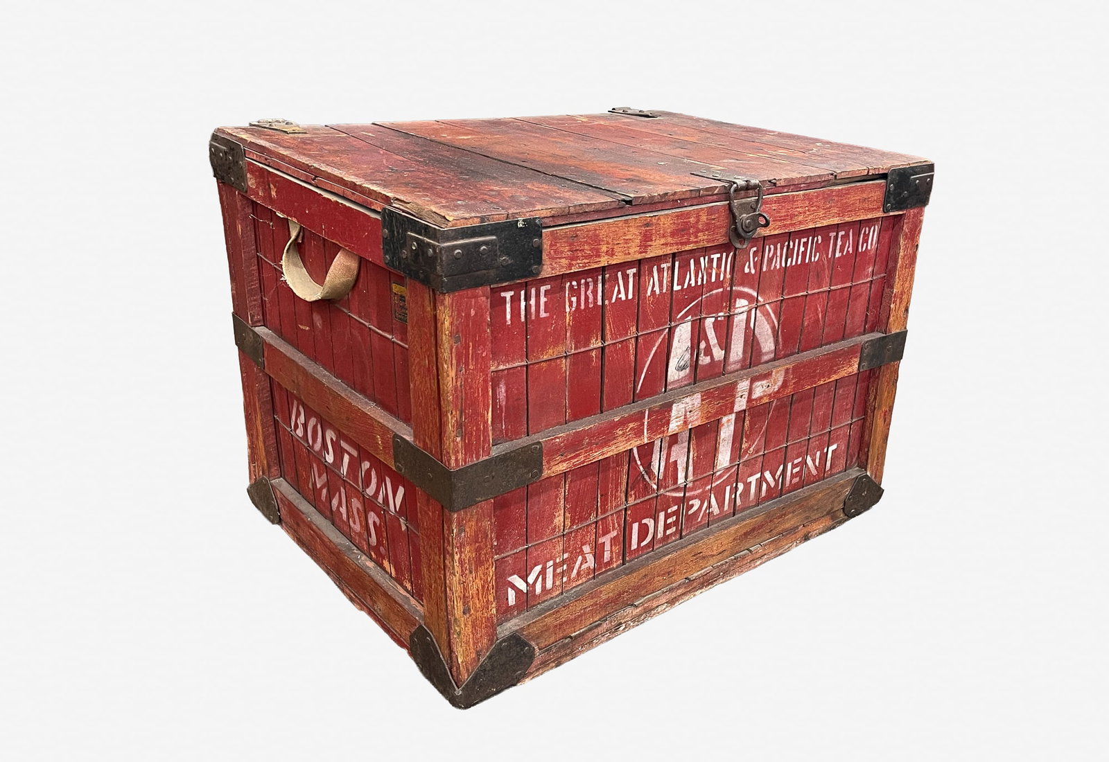 THE GREAT ATLANTIC & PACIFIC TEA COMPANY (BOSTON, MASSACHUSETTS) WOODEN SHIPPING CRATE WITH ORIGINAL: THE GREAT ATLANTIC & PACIFIC TEA COMPANY (BOSTON, MASSACHUSETTS) WOODEN SHIPPING CRATE WITH ORIGINAL RED PAINT. American, 20th Century. Having a hinged lid, iron hardware, canvas handles, and