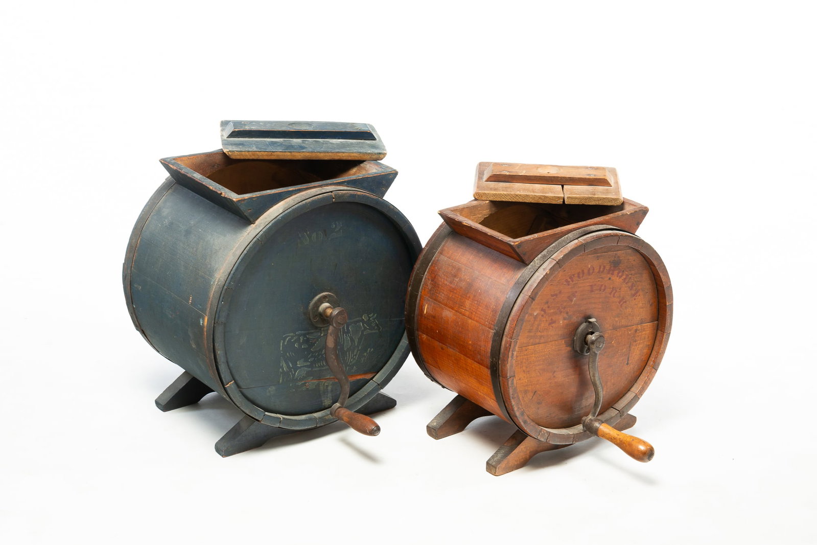 TWO NEW ENGLAND BARREL-FORM BUTTER CHURNS WITH ORIGINAL PAINT AND STENCILED LABELS. (1 of 8)