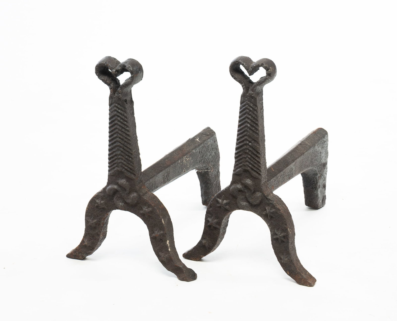 PAIR OF ANDIRONS WITH HEART FINIALS. (1 of 3)