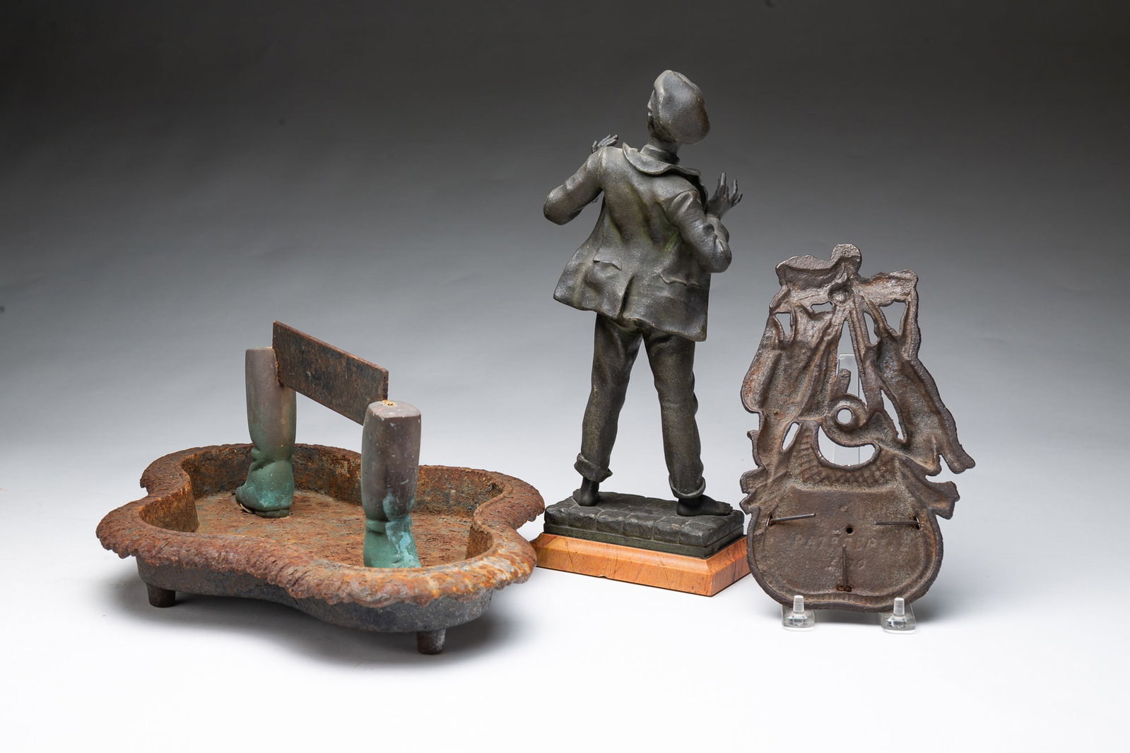 THREE METAL ITEMS INCLUDING A BOOT SCRAPER. - 2