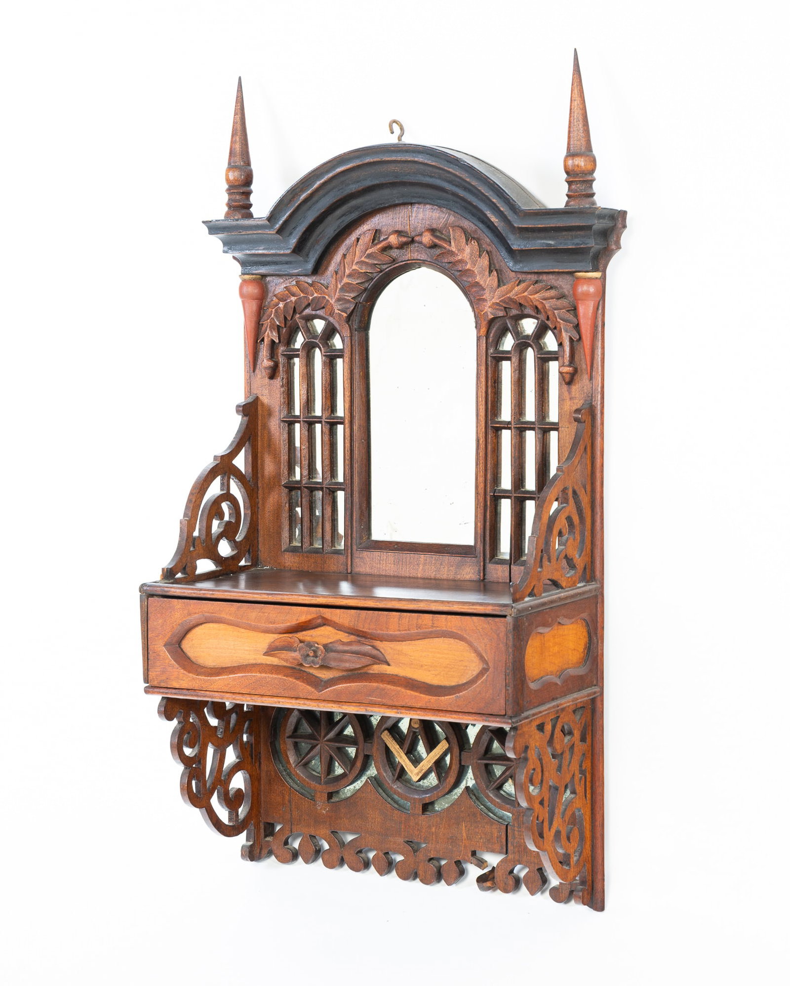 FINELY CARVED WALNUT MASONIC HANGING SHELF WITH DRAWER. (1 of 6)