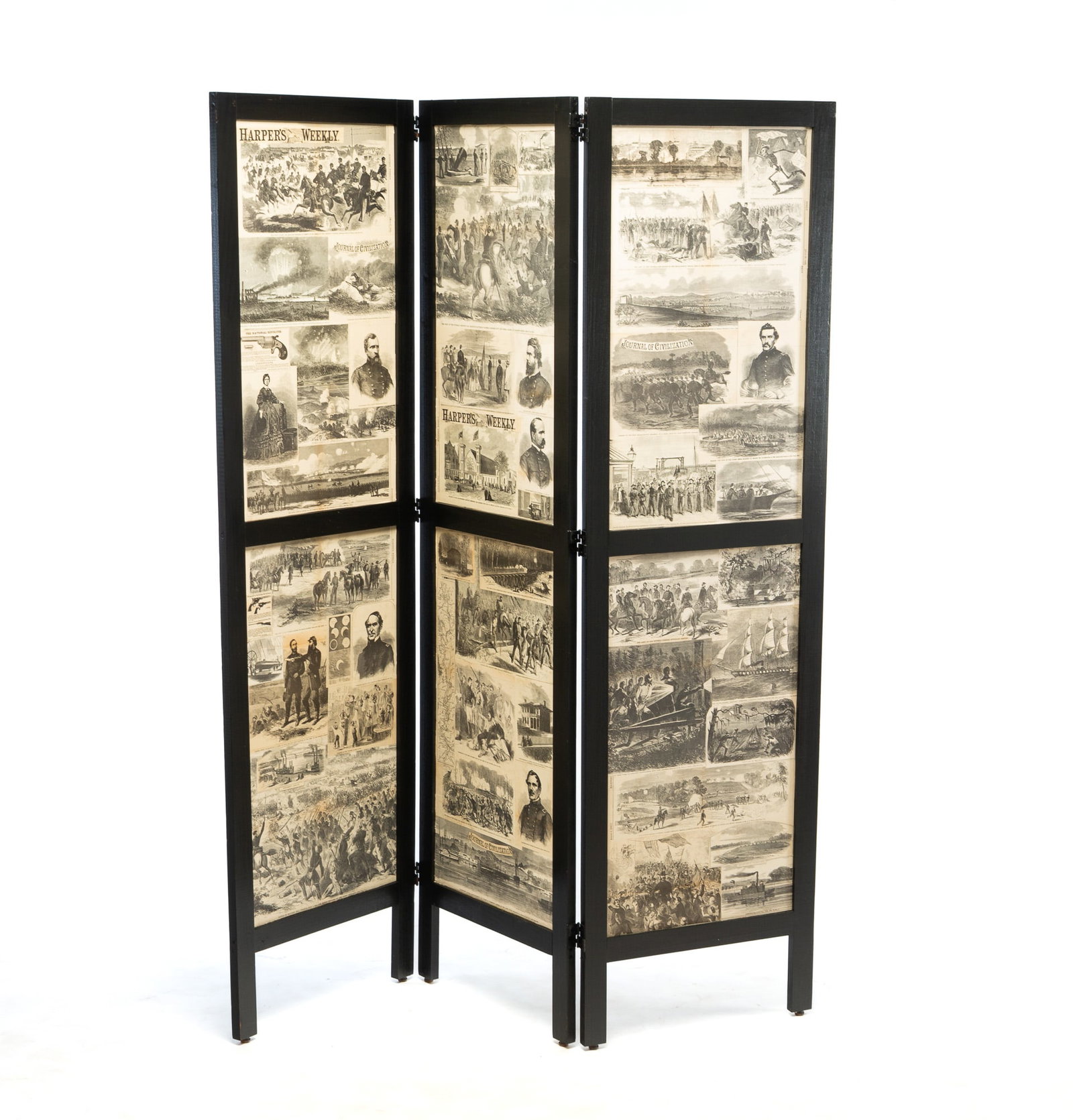 CIVIL WAR THEMED THREE-PANEL FOLDING SCREEN.: CIVIL WAR THEMED THREE-PANEL FOLDING SCREEN. American, Contemporary. Black painted wood framed folding screen with Harper's Weekly prints on either side. 66.5"h. 19.75"w.