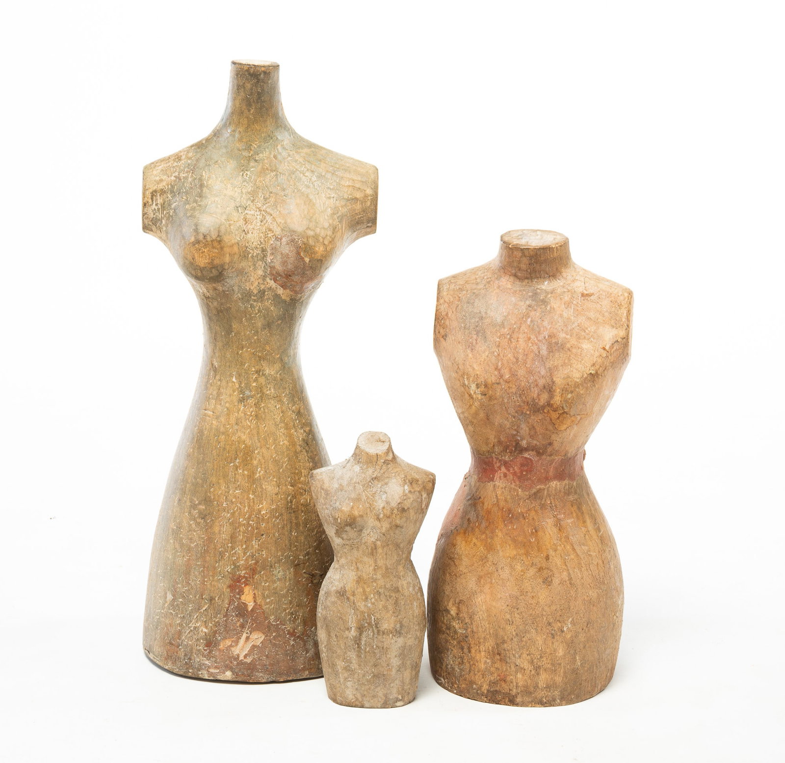 THREE CARVED WOODEN DIMINUTIVE PAPIER MACHE MANNEQUIN FORMS.: THREE CARVED WOODEN DIMINUTIVE PAPIER MACHE MANNEQUIN FORMS. 20th Century. Carved wood female forms showing busts and waists. Largest, 19"h. Provenance: From the Lifetime Collection of Marilyn and the