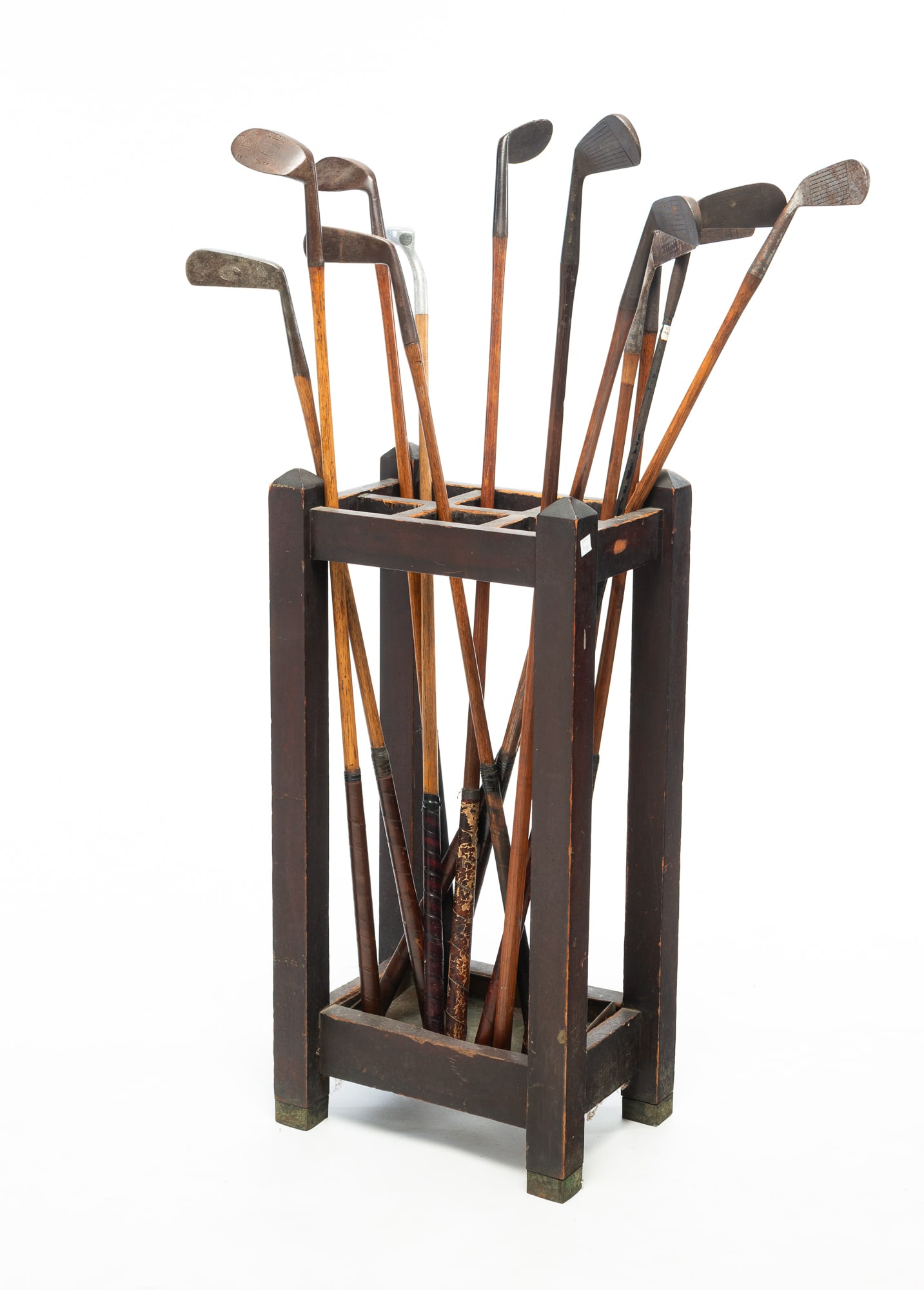 COLLECTION OF WOODEN SHAFT GOLF CLUBS IN A MISSION OAK UMBRELLA STAND. (1 of 6)