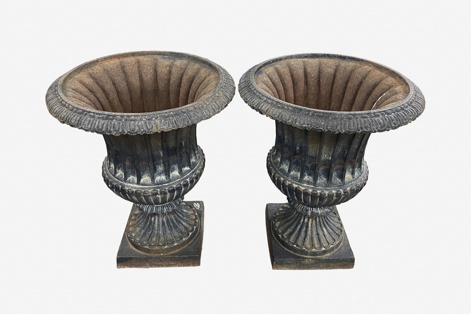 PAIR OF NEOCLASSICAL STYLE PAINTED CAST IRON GARDEN URNS. (1 of 3)