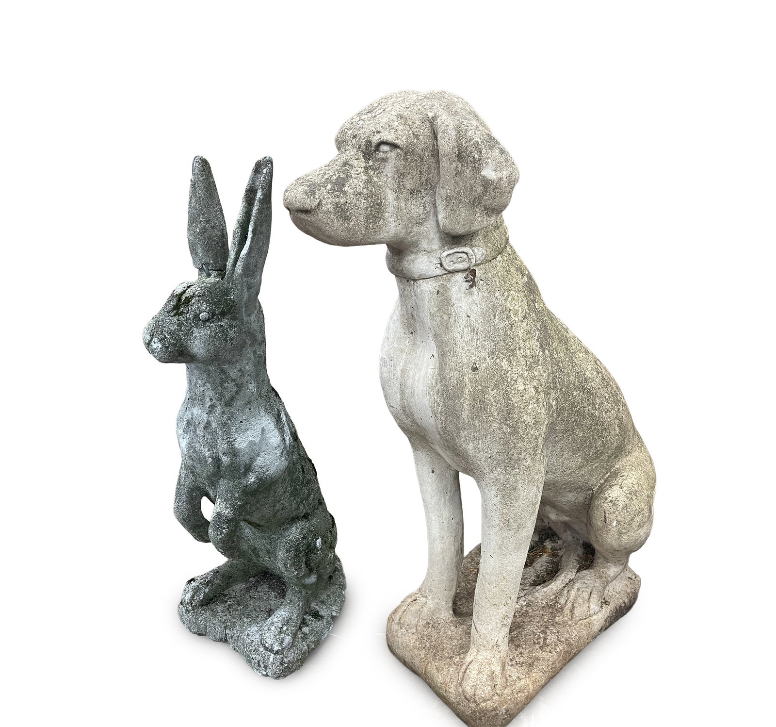 TWO CONCRETE GARDEN STATUES.: TWO CONCRETE GARDEN STATUES. American, 20th Century. A rabbit on its hind legs, 24"h., and a seated dog, 28.5"h. Provenance: The Lifetime Collection of Martha Magsig Lynch (Centerville, Ohio).