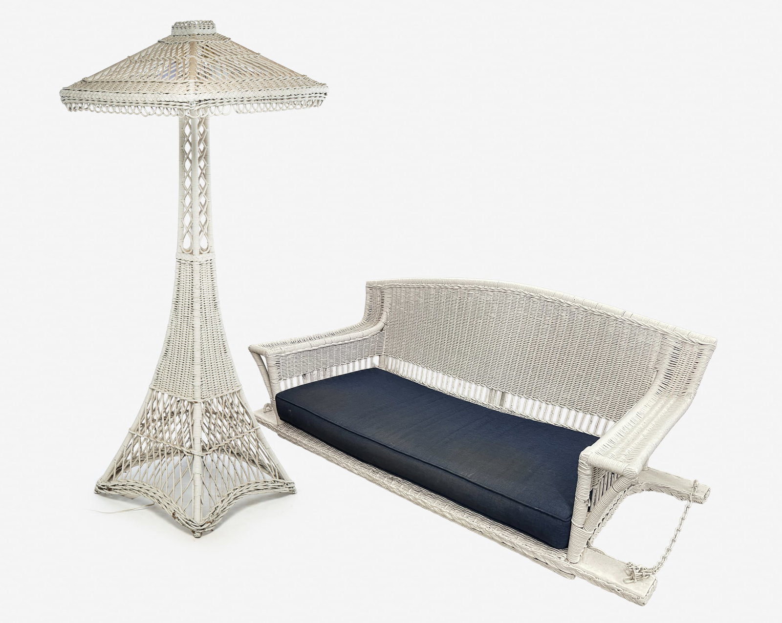 WHITE-PAINTED WICKER PATIO SWING AND FLOOR LAMP. (1 of 9)