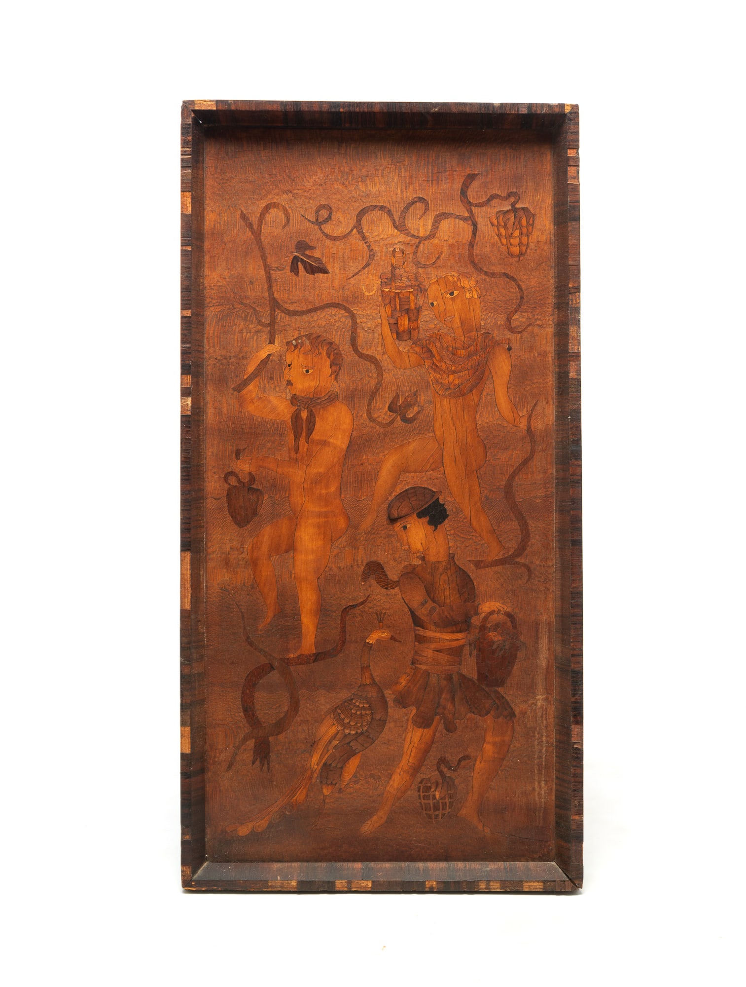 MARQUETRY PANEL OF FIGURES GATHERING FRUIT. (1 of 5)