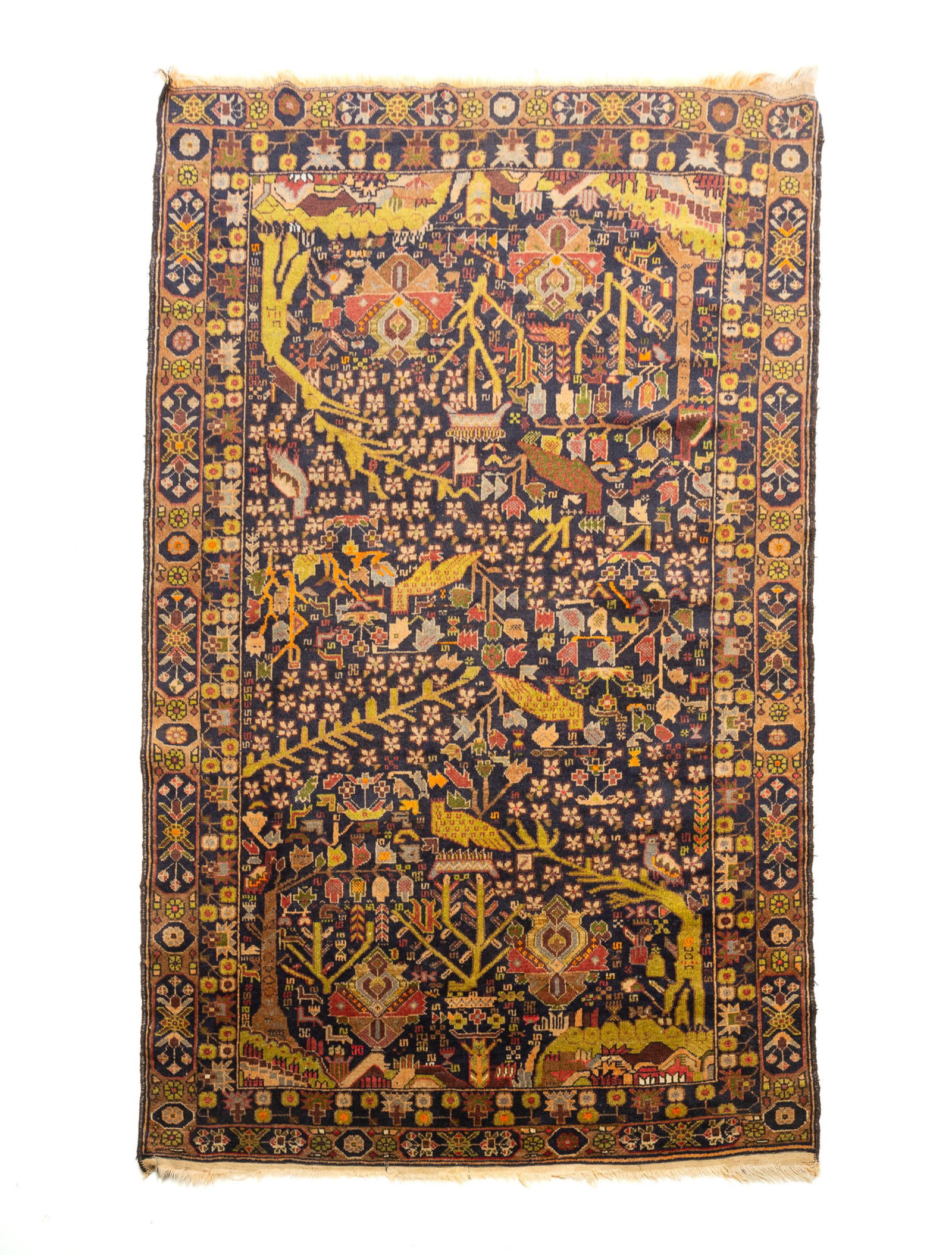 AFGHAN HAND-KNOTTED PICTORIAL WOOL AREA RUG, SIGNED. (1 of 5)