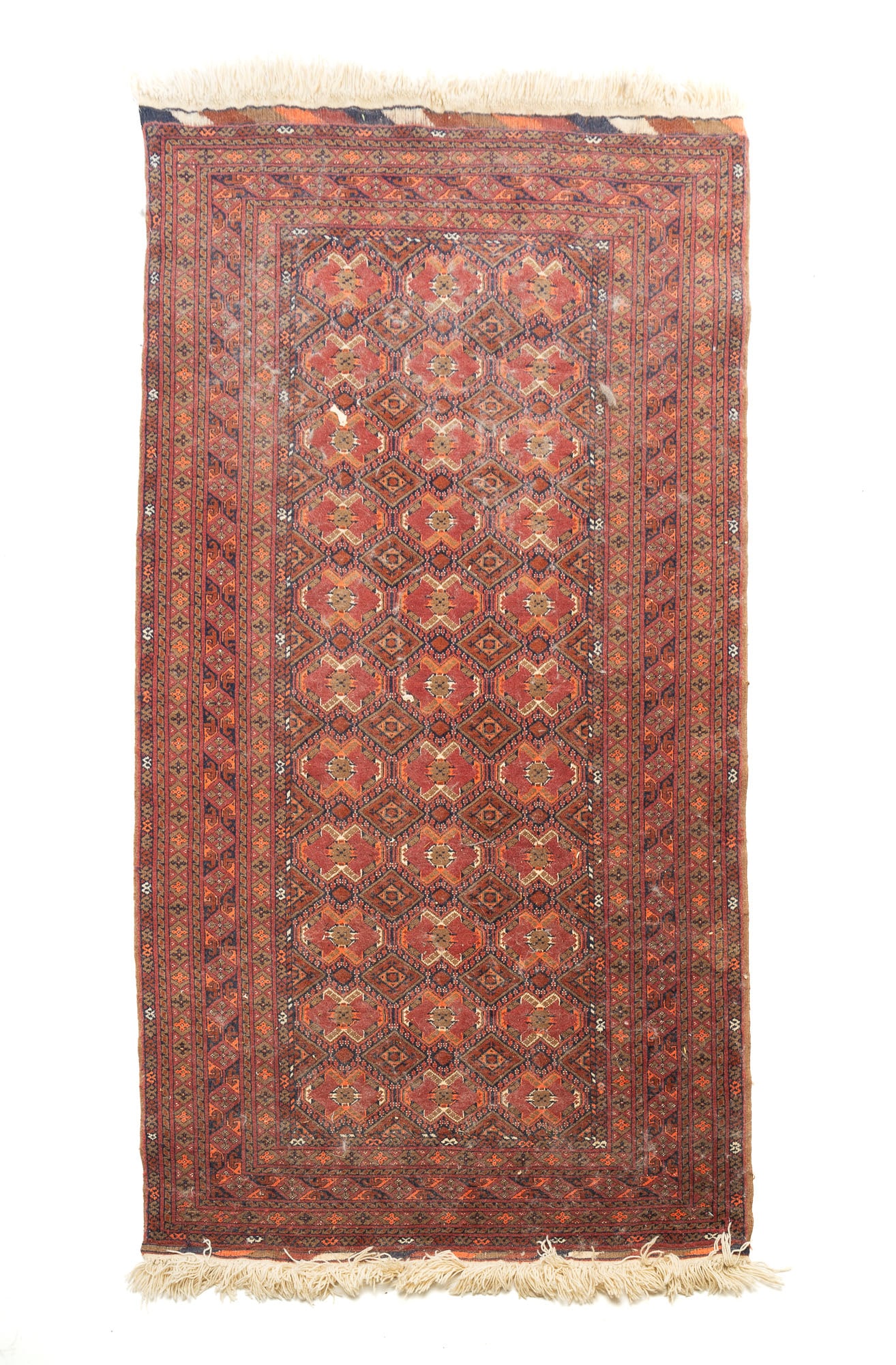 AFGHAN TURKMEN HAND-KNOTTED WOOL AREA RUG.: AFGHAN TURKMEN HAND-KNOTTED WOOL AREA RUG. Afghanistan, 20th Century. Series of medallions and diamonds on central field within borders of geometric shapes, in colors of red, orange, blue, and tan, ha