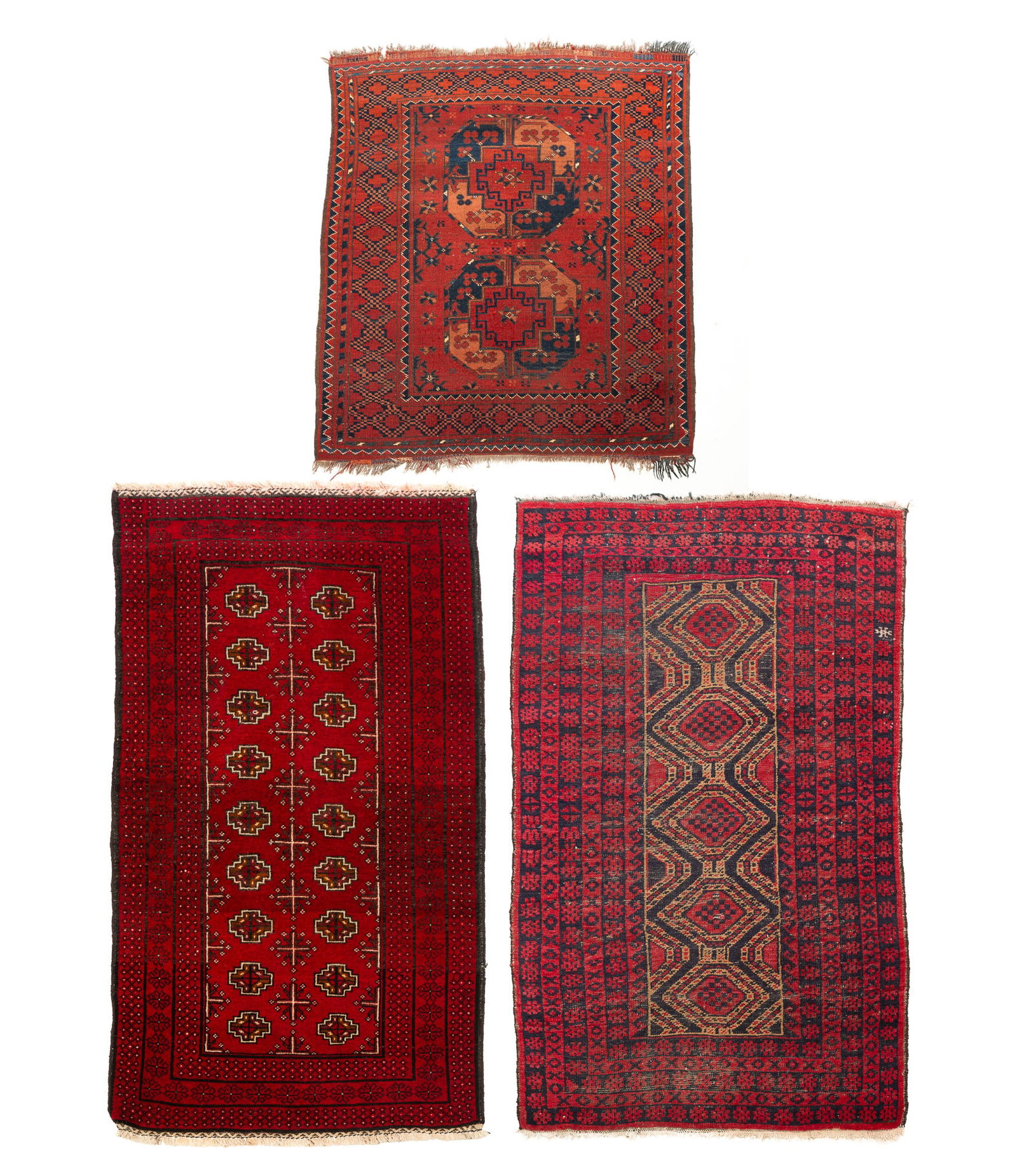 THREE CENTRAL ASIAN HAND-KNOTTED WOOL SCATTER RUGS. (1 of 9)