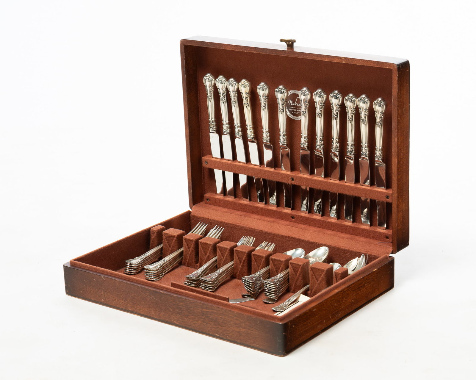 GORHAM "CHANTILLY" STERLING SILVER FLATWARE.: GORHAM "CHANTILLY" STERLING SILVER FLATWARE. American, Patented 1895. Service for twelve. Includes hollow handled dinner knives, dinner forks, salad or dessert forks, eighteen teaspoons, master butter