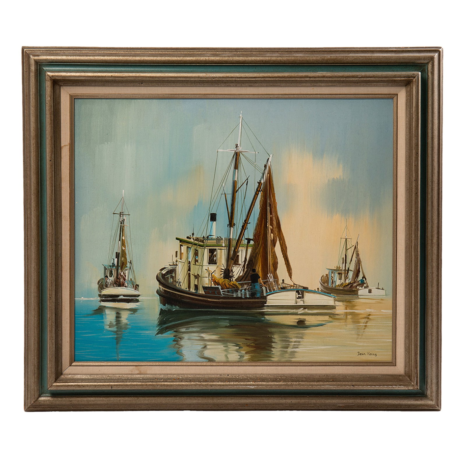 DEAN PERCY (AMERICAN, 20TH CENTURY) BOATS ON THE WATER GICLEE ON CANVAS.: American, 20th Century. Giclee on canvas. Signed lower right. A water landscape showing three masted boats on calm water. Canvas, 20"h. 24"w. In a paint-decorated frame, 27.25"h. 31.25"w.