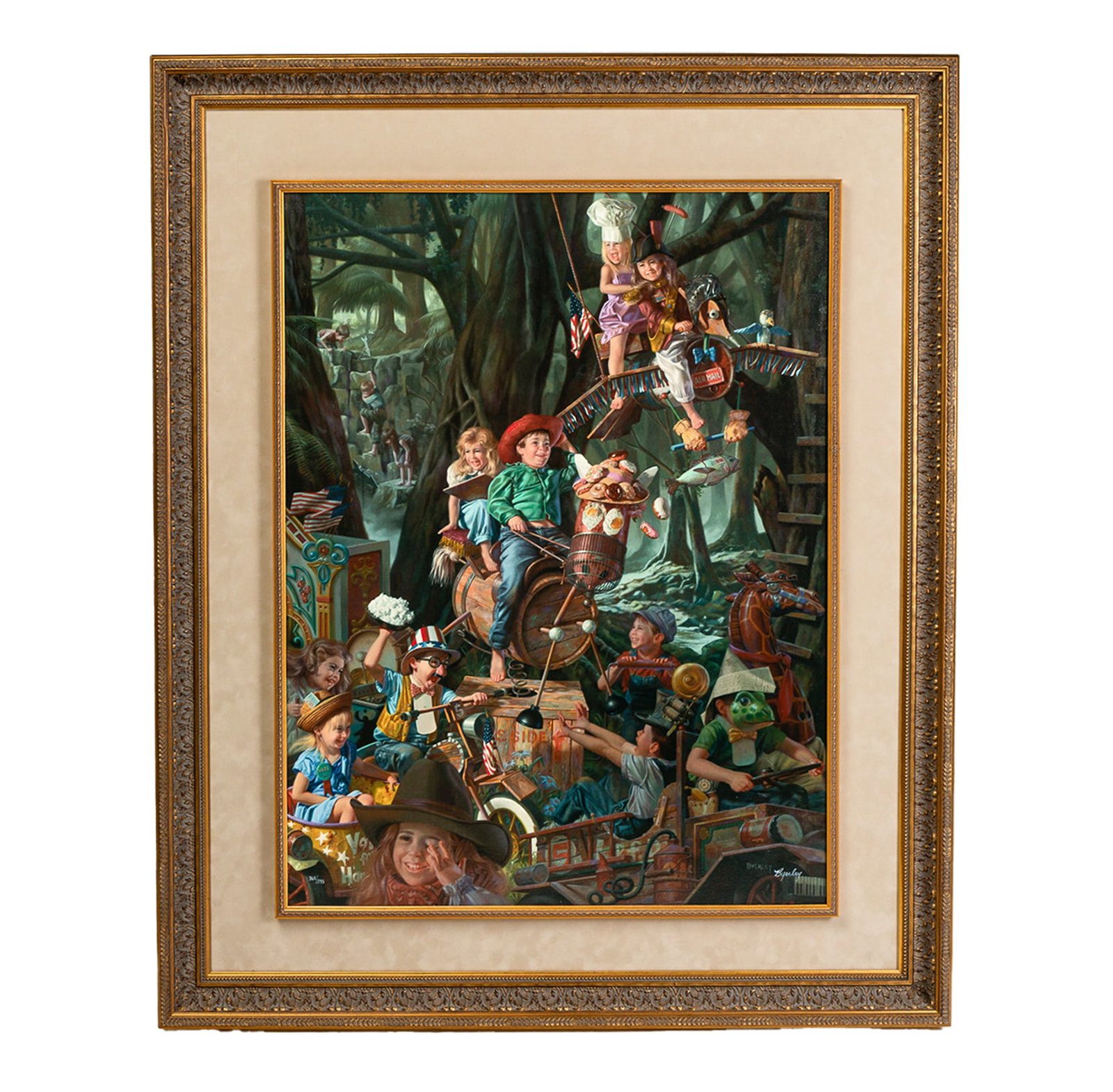 BOB BYERLEY (AMERICAN, 1941-2019 ) "THE LAUGHING PLACE" GICLEE ON CANVAS.: American, 20th Century. Giclee on canvas. Titled "The Laughing Place" depicting a group of children playing in playroom. Signed lower right. Sight, 31.5"h. 24"w. Framed, 43.5"h. 35.75"w.
