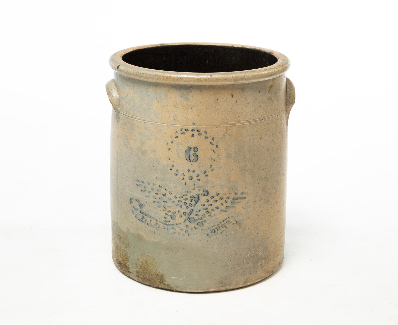 OHIO PATRIOTIC SIX-GALLON STONEWARE JAR WITH STENCILED COBALT SPREAD WINGED EAGLE.: OHIO PATRIOTIC SIX-GALLON STONEWARE JAR WITH STENCILED COBALT SPREAD WINGED EAGLE. American, 19th Century. Of cylindrical form with semi-rounded rim, tooling at shoulder, and applied lug handles. Alba