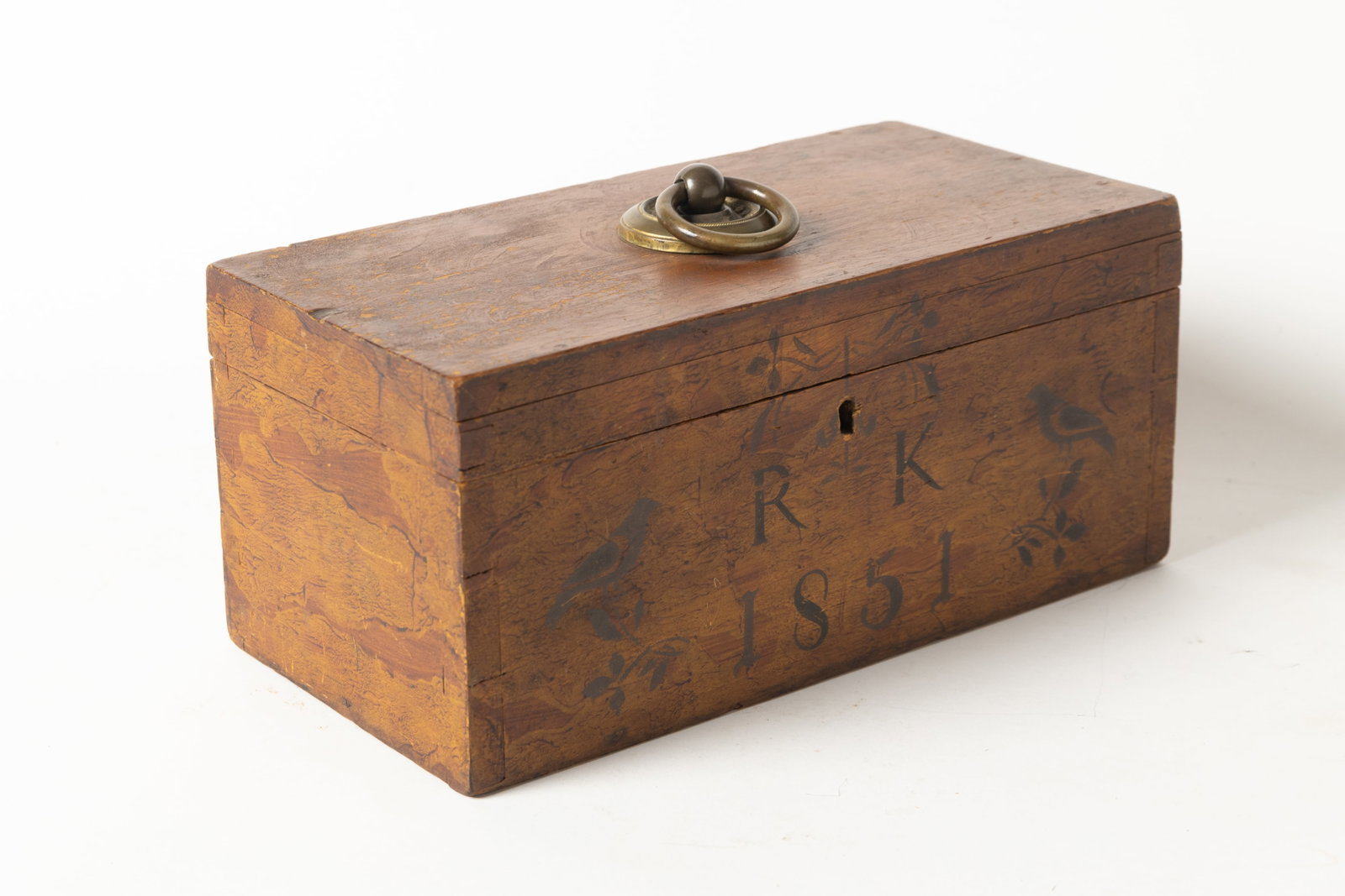 SCARCE EARLY SOAP HOLLOW DOCUMENT BOX WITH ORIGINAL PAINTED AND STENCILED DECORATION, DATED 1851.: SCARCE EARLY SOAP HOLLOW DOCUMENT BOX WITH ORIGINAL PAINTED AND STENCILED DECORATION, DATED 1851. American (Somerset County, Pennsylvania), 19th Century. Pine. Brass handle on hinged lid, scribbles on