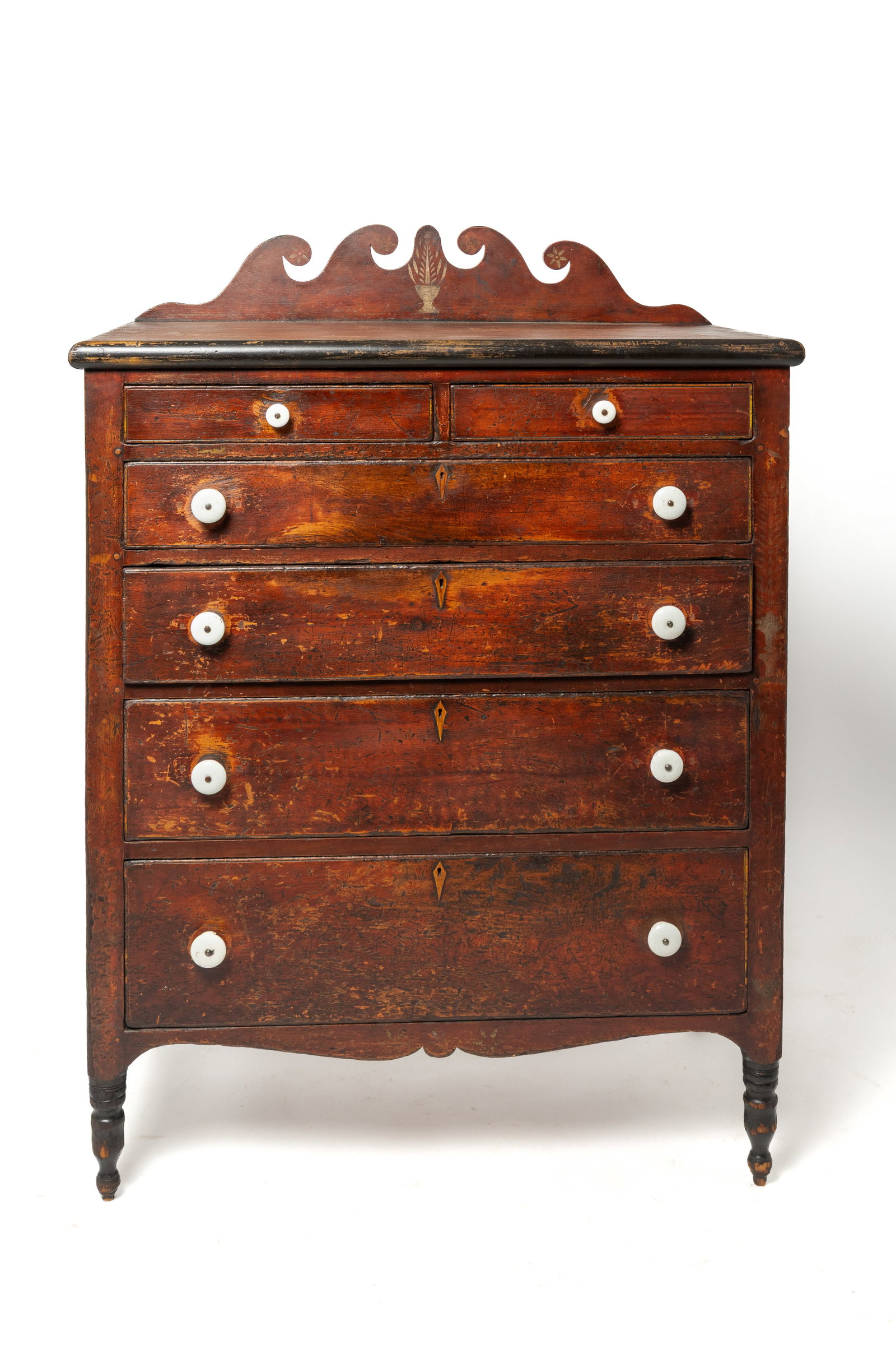 FINE AND EARLY SOAP HOLLOW CHEST OF DRAWERS INSCRIBED "S.M." AND DATED 1849. (1 of 9)
