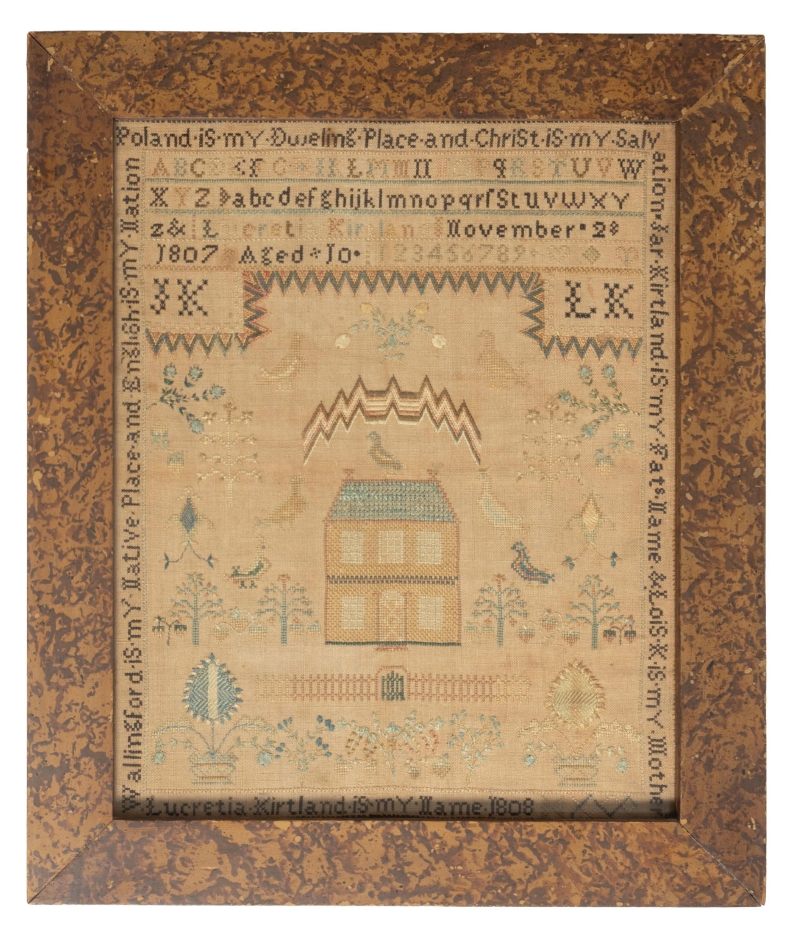 IMPORTANT "POLAND IS MY DWELLING PLACE" MAHONING COUNTY, OHIO NEEDLEWORK SAMPLER DATED 1808 AND (1 of 3)