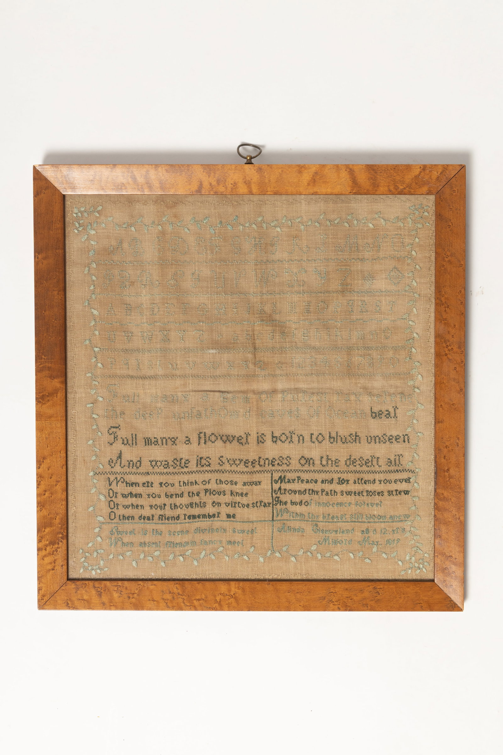 LARGE MASSACHUSETTS NEEDLEWORK SAMPLER OF OHIO INTEREST WROUGHT BY ALINDA CLEAVELAND AND DATED 1819. (1 of 3)