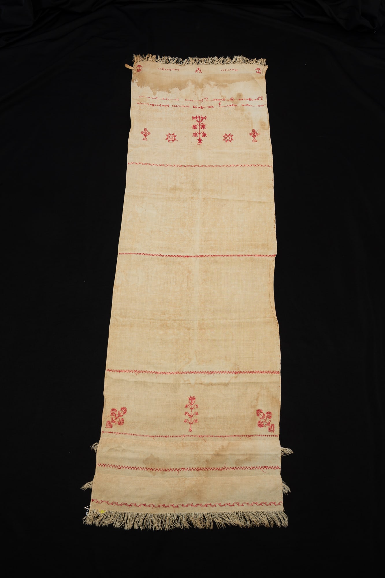 HARRIET BOMBERGER CROSS STITCHED LINEN SHOW TOWEL, DATED 1855. (1 of 4)
