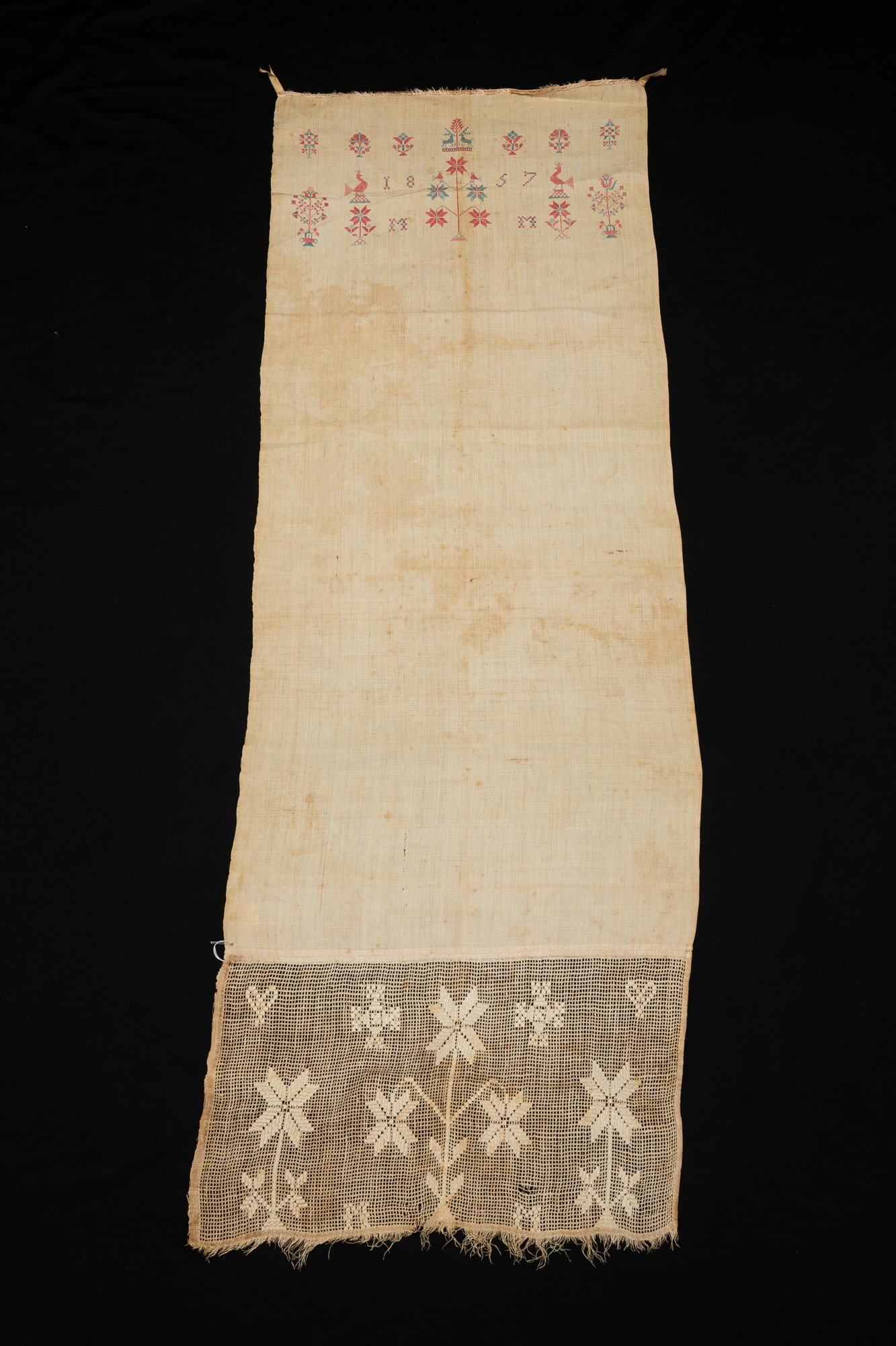 PENNSYLVANIA CROSS STITCH AND NEEDLEWORK LINEN SHOW TOWEL, DATED 1857. (1 of 3)