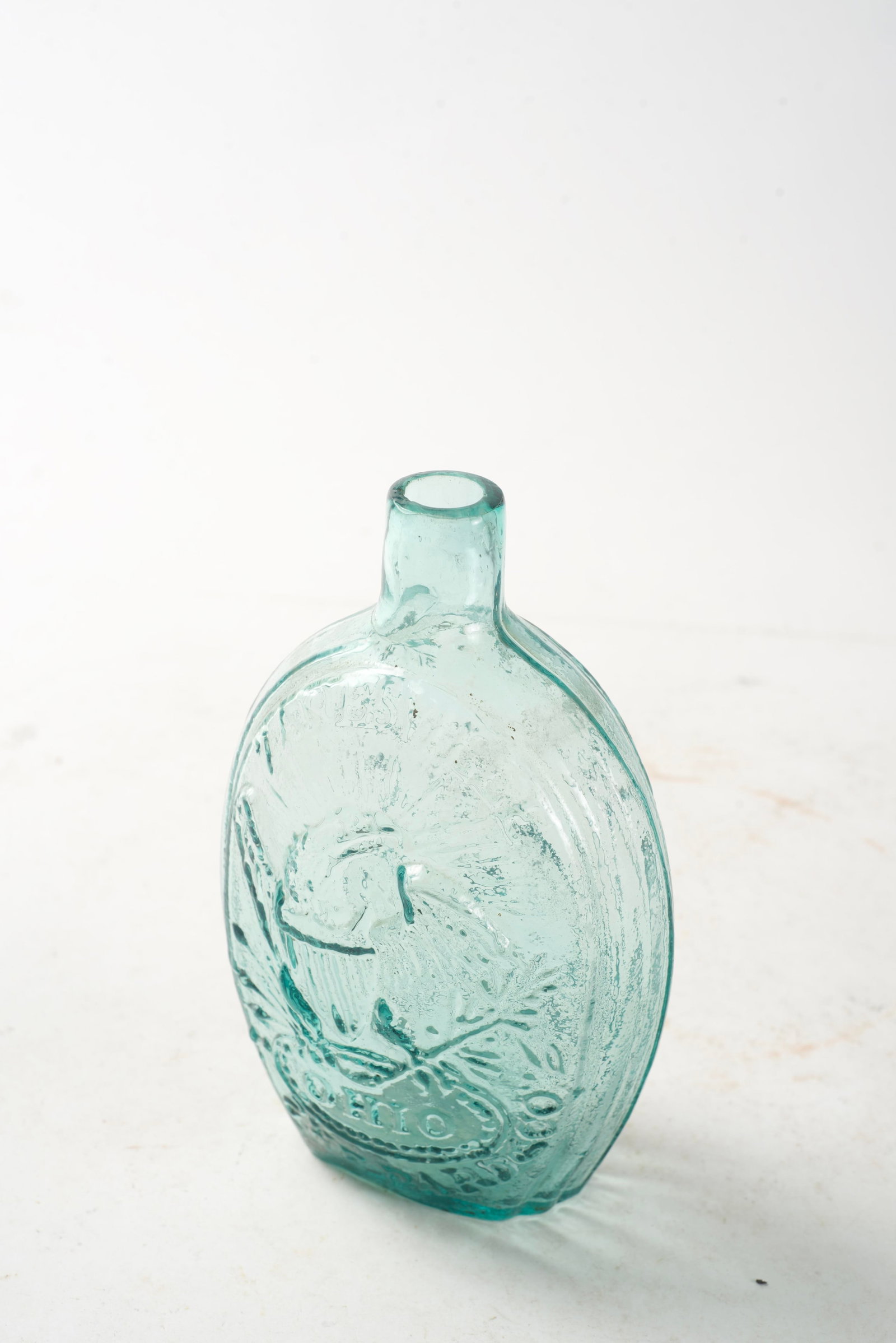 ZANESVILLE, OHIO SHEPPARD AND COMPANY BLOWN AQUA GLASS FLASK. (1 of 9)