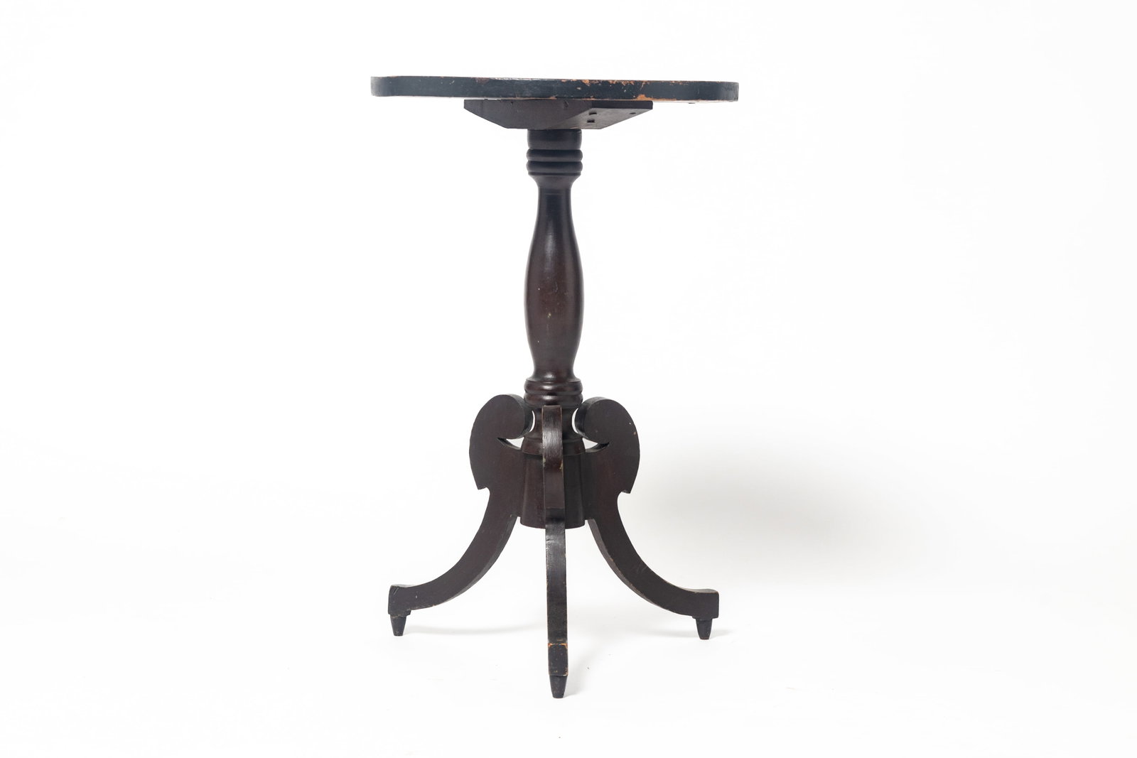FOLKSY ZOAR, OHIO PAINTED CANDLESTAND.: FOLKSY ZOAR, OHIO PAINTED CANDLESTAND. American, second half 19th Century. Round top candlestand with original reddish-brown paint with black trim, central turned column, shaped legs, and tapered