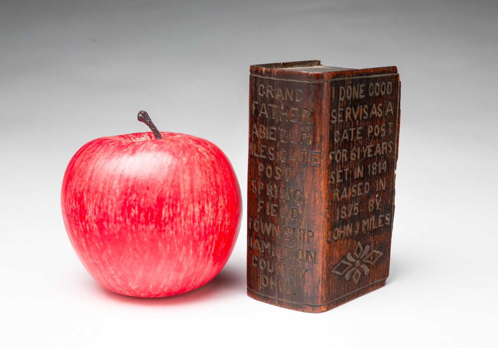 MINIATURE OHIO FOLK ART CARVED WOODEN BOOK, DATED 1879. (1 of 4)