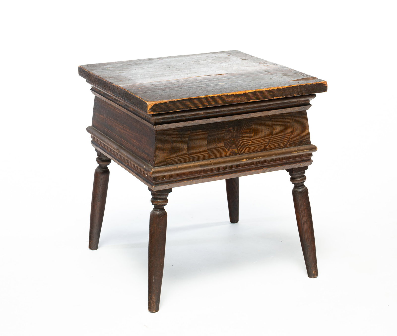 CHARMING OHIO SHERATON GRAIN-PAINTED SPLAY LEG STOOL.: CHARMING OHIO SHERATON GRAIN-PAINTED SPLAY LEG STOOL. American, 19th Century. Mixed woods. Having a rectangular top above a straight, molded apron and rising on four turned, splayed legs; 15.5"h.