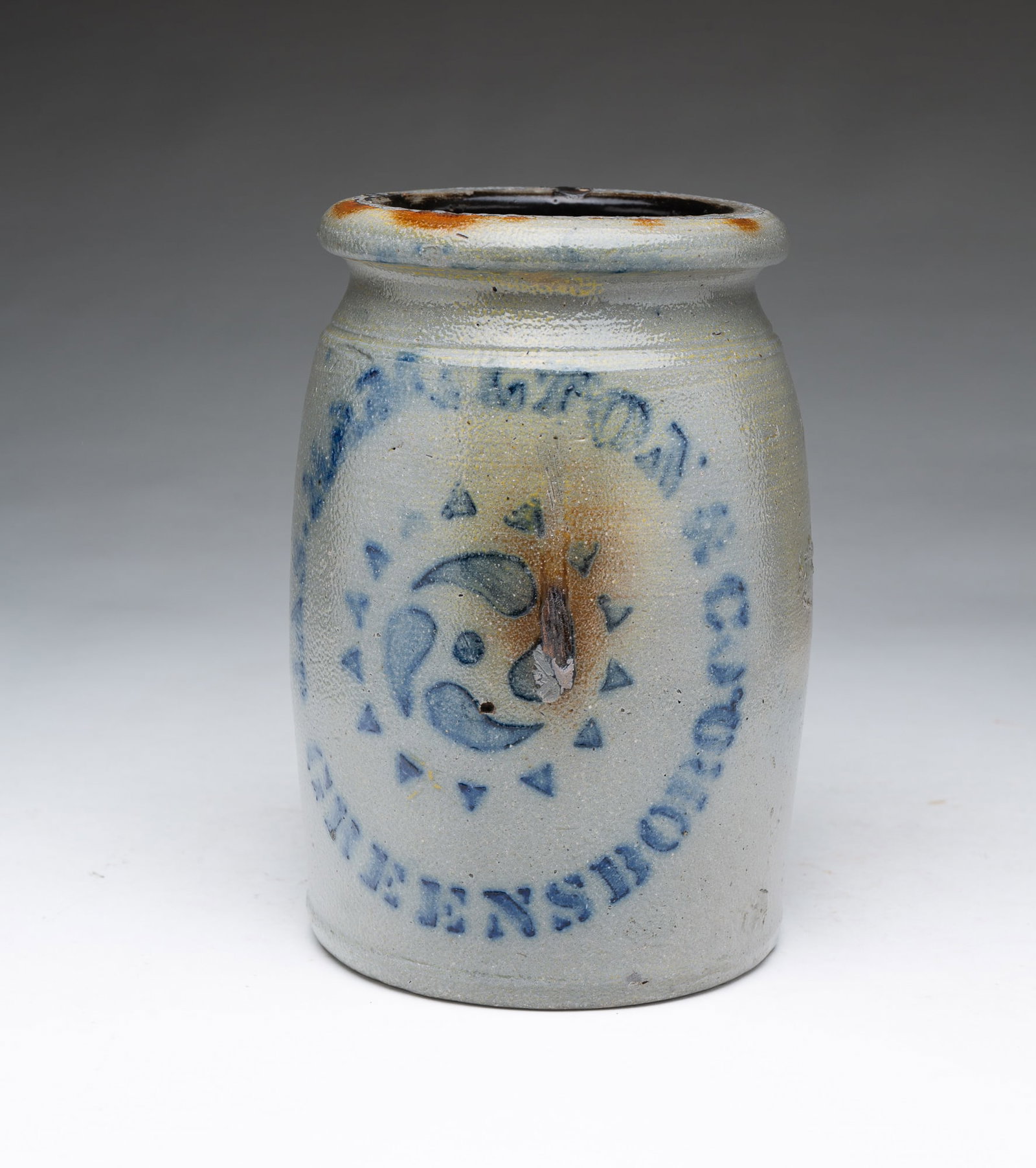 JAMES HAMILTON (GREENSBORO, PENNSYLVANIA) COBALT-STENCILED STONEWARE JAR.: JAMES HAMILTON (GREENSBORO, PENNSYLVANIA) COBALT-STENCILED STONEWARE JAR. American, 19th Century. Of cylindrical form with pronounced, flared top rim and tooled shoulder, with cobalt-stenciled