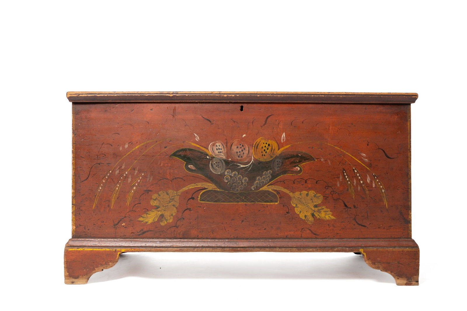 VALENTINE YODER (1831 - 1912) SUGARCREEK, TUSCARAWAS COUNTY, OHIO EXUBERANTLY DECORATED BLANKET: VALENTINE YODER (1831 - 1912) SUGARCREEK, TUSCARAWAS COUNTY, OHIO EXUBERANTLY DECORATED BLANKET CHEST WITH ORIGINAL PAINT. American, mid- 19th Century. Poplar. Lid with breadboard ends and applied