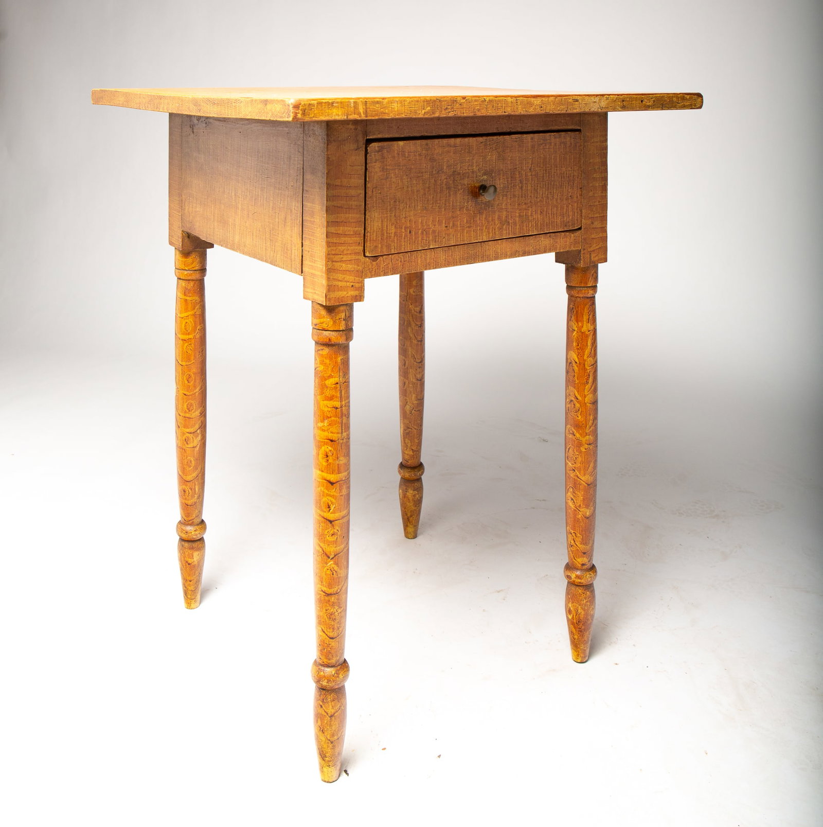EXUBERANT SHERATON ONE-DRAWER STAND IN ORIGINAL TIGER AND BIRD'S-EYE MAPLE GRAIN PAINT. (1 of 4)