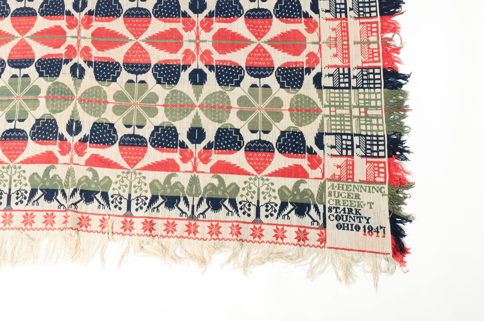 SUGARCREEK STARK COUNTY, OHIO JACQUARD COVERLET BY A. HENNING DATED 1847. (1 of 4)
