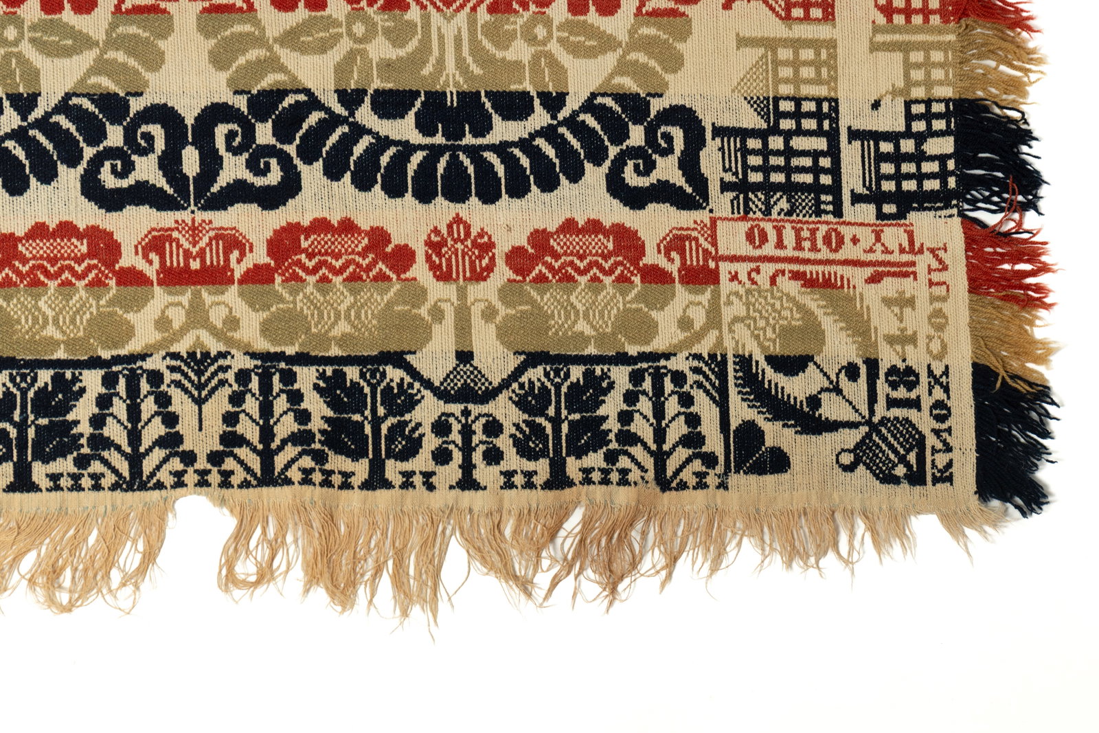 KNOX COUNTY OHIO SUMMER-WINTER JACQUARD COVERLET DATED 1844. (1 of 4)