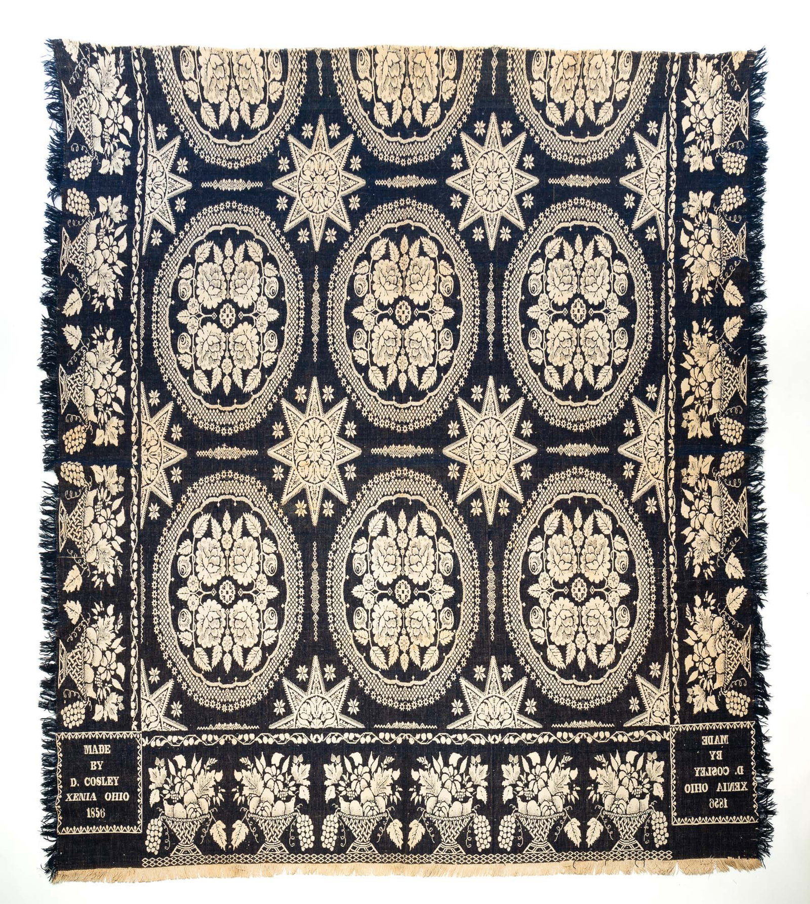 DENNIS COSLEY (XENIA, OHIO) SUMMER-WINTER JACQUARD COVERLET DATED 1856. (1 of 6)