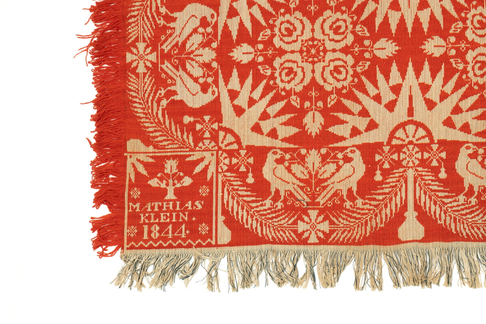 MATHIAS KLEIN (MONTGOMERY COUNTY, OHIO) SUMMER-WINTER JACQUARD COVERLET DATED 1844. (1 of 4)
